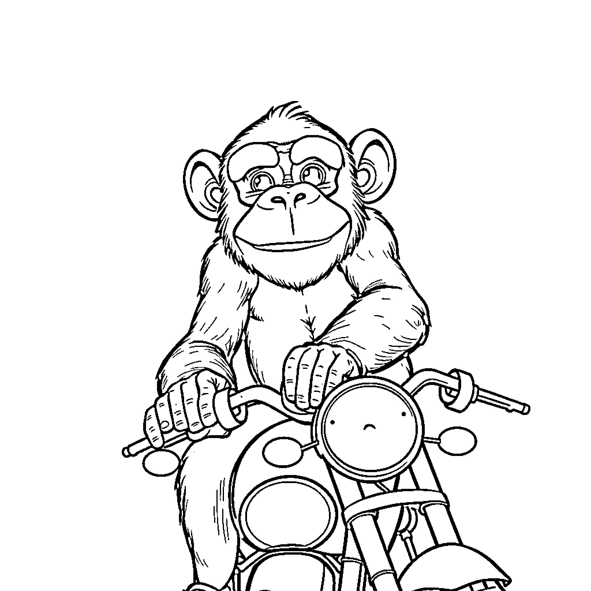 Chimpanzee riding a motorcycle with glasses Coloring Page (free black-and-white line drawing printable PDF for all, from beginners to advanced learners, including children, teens, adults, and seniors)