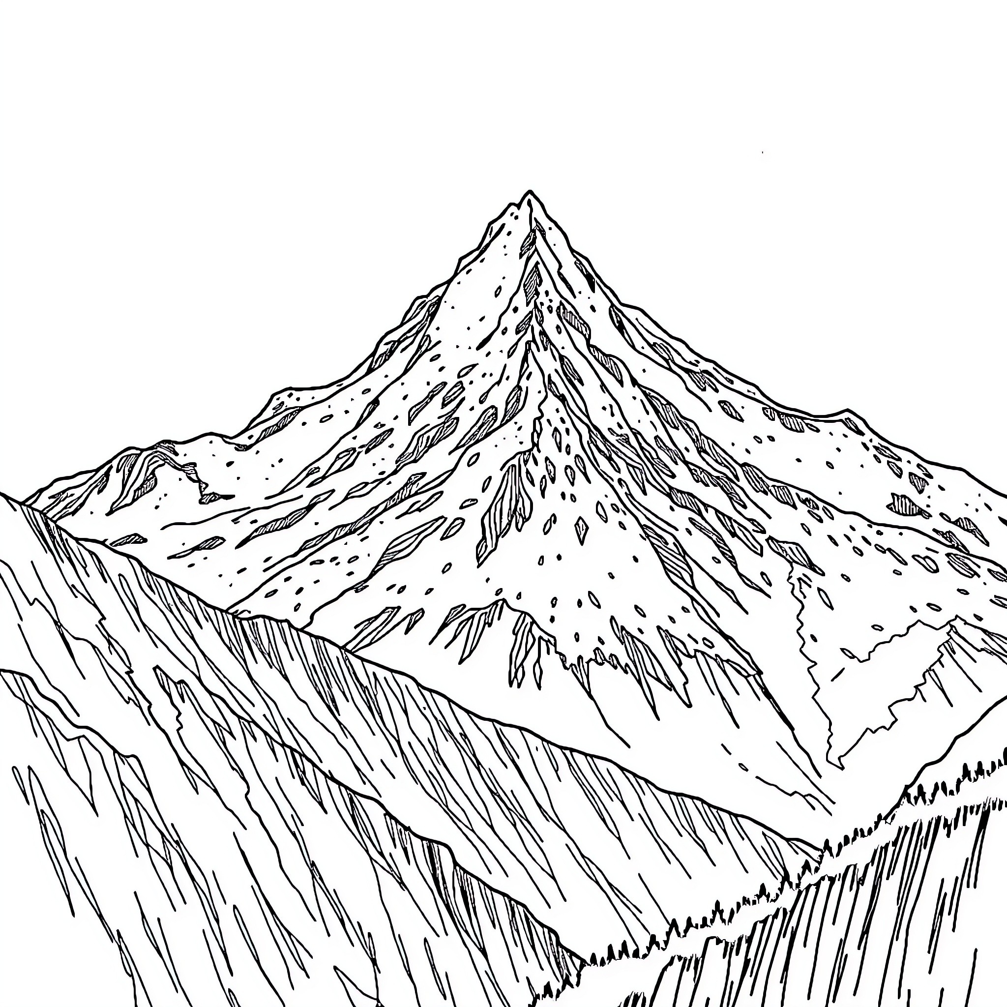 Mountain range with rugged peaks and ridges Coloring Page (free black-and-white line drawing printable PDF for all, from beginners to advanced learners, including children, teens, adults, and seniors)