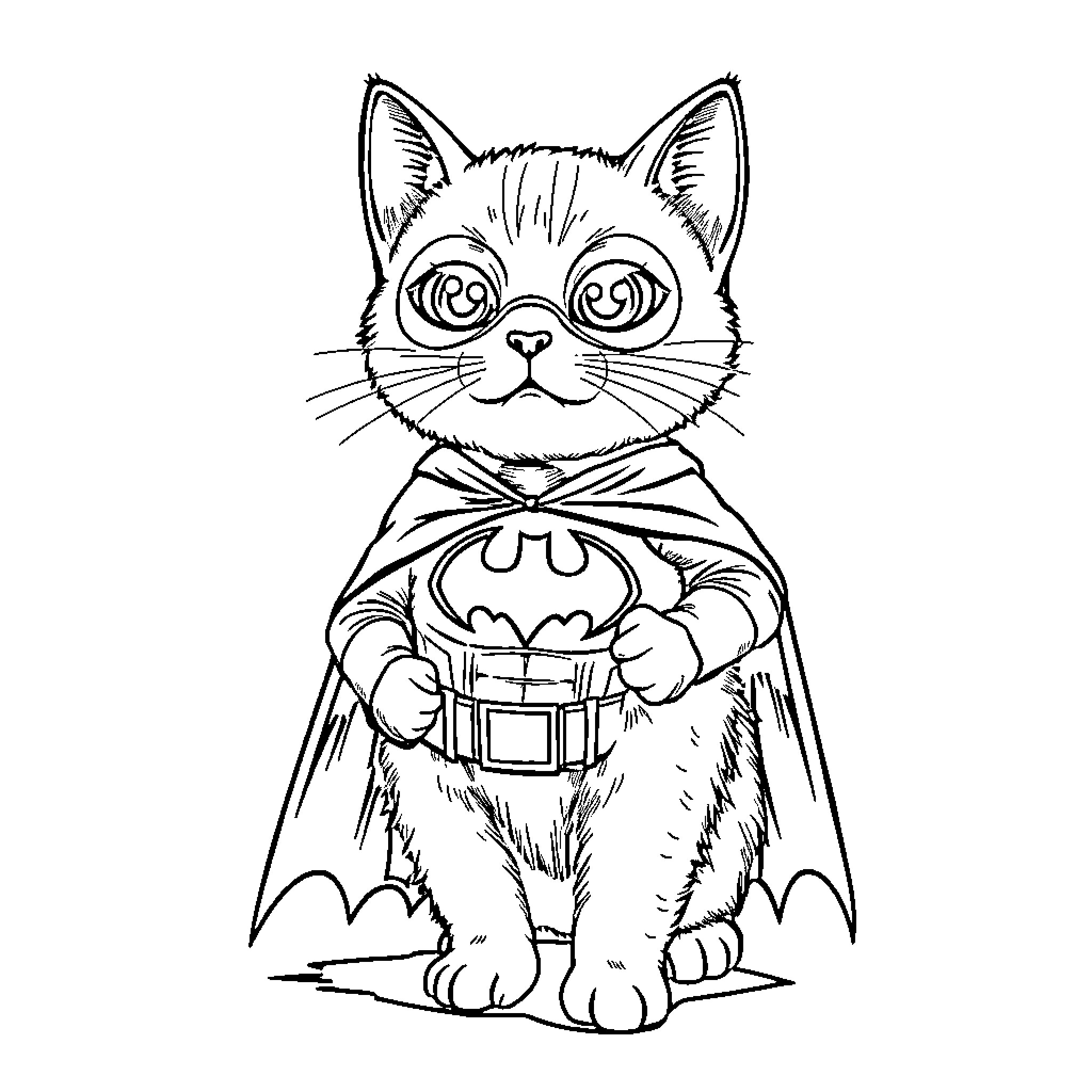 Batman Cat in Superhero Costume Coloring Page (free black-and-white line drawing printable PDF for all, from beginners to advanced learners, including children, teens, adults, and seniors)