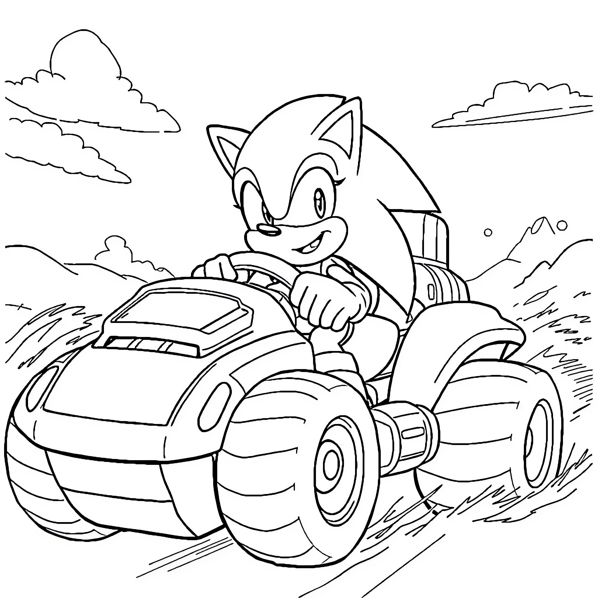 Sonic racing through the countryside in his speedy car Coloring Page (free black-and-white line drawing printable PDF for all, from beginners to advanced learners, including children, teens, adults, and seniors)