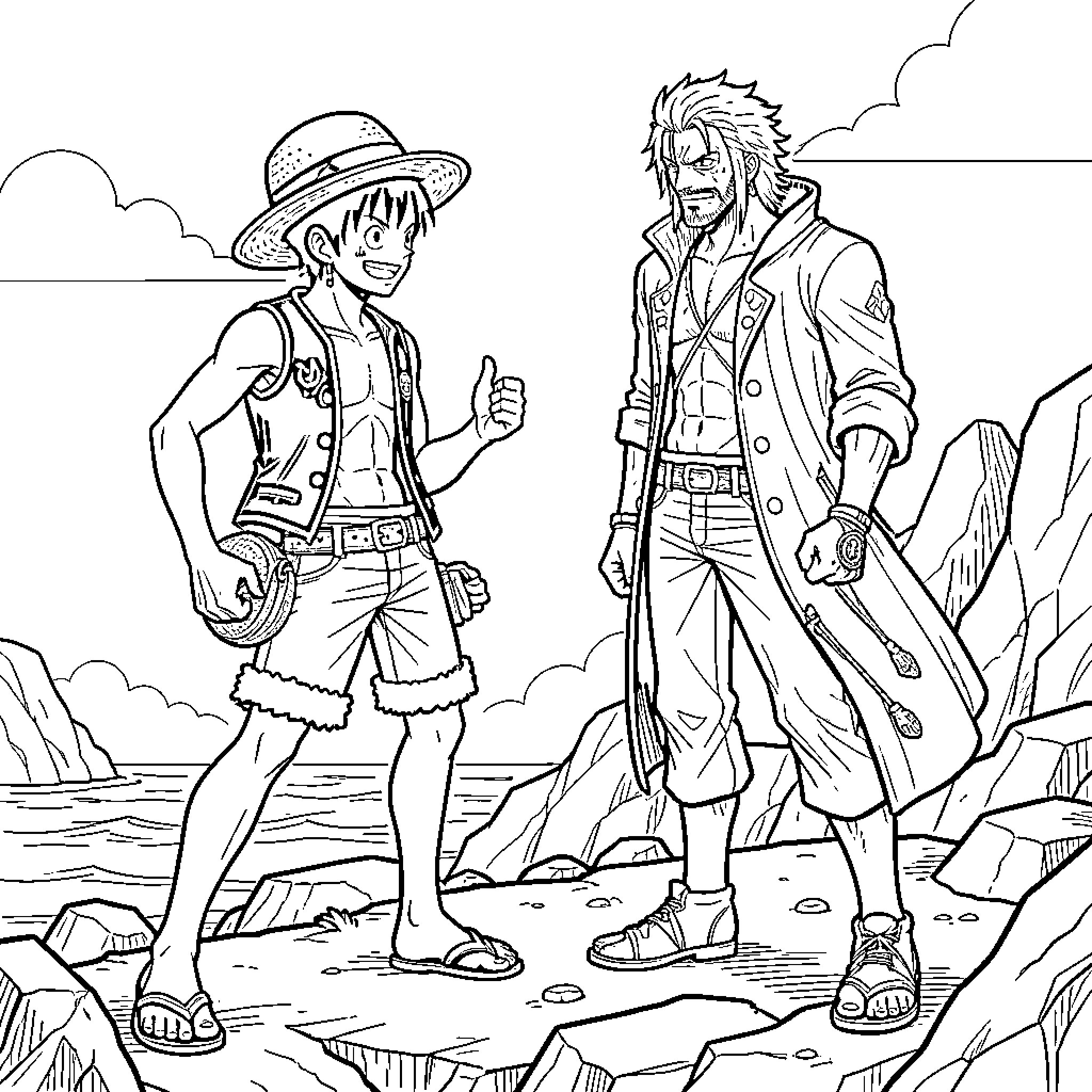 Luffy smiling and giving a thumbs up to a man Coloring Page (free black-and-white line drawing printable PDF for all, from beginners to advanced learners, including children, teens, adults, and seniors)