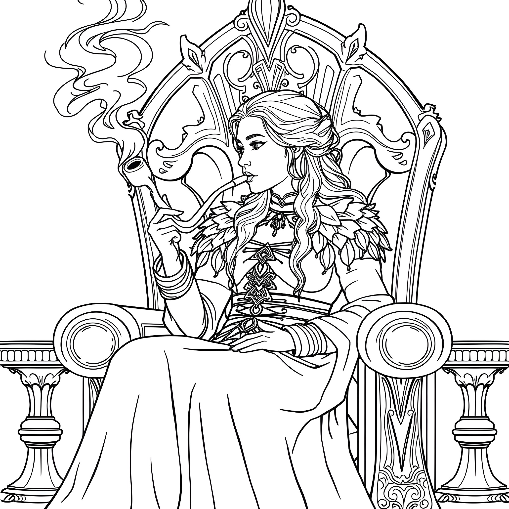 Daenerys Targaryen sitting on an ornate throne Coloring Page (free black-and-white line drawing printable PDF for all, from beginners to advanced learners, including children, teens, adults, and seniors)