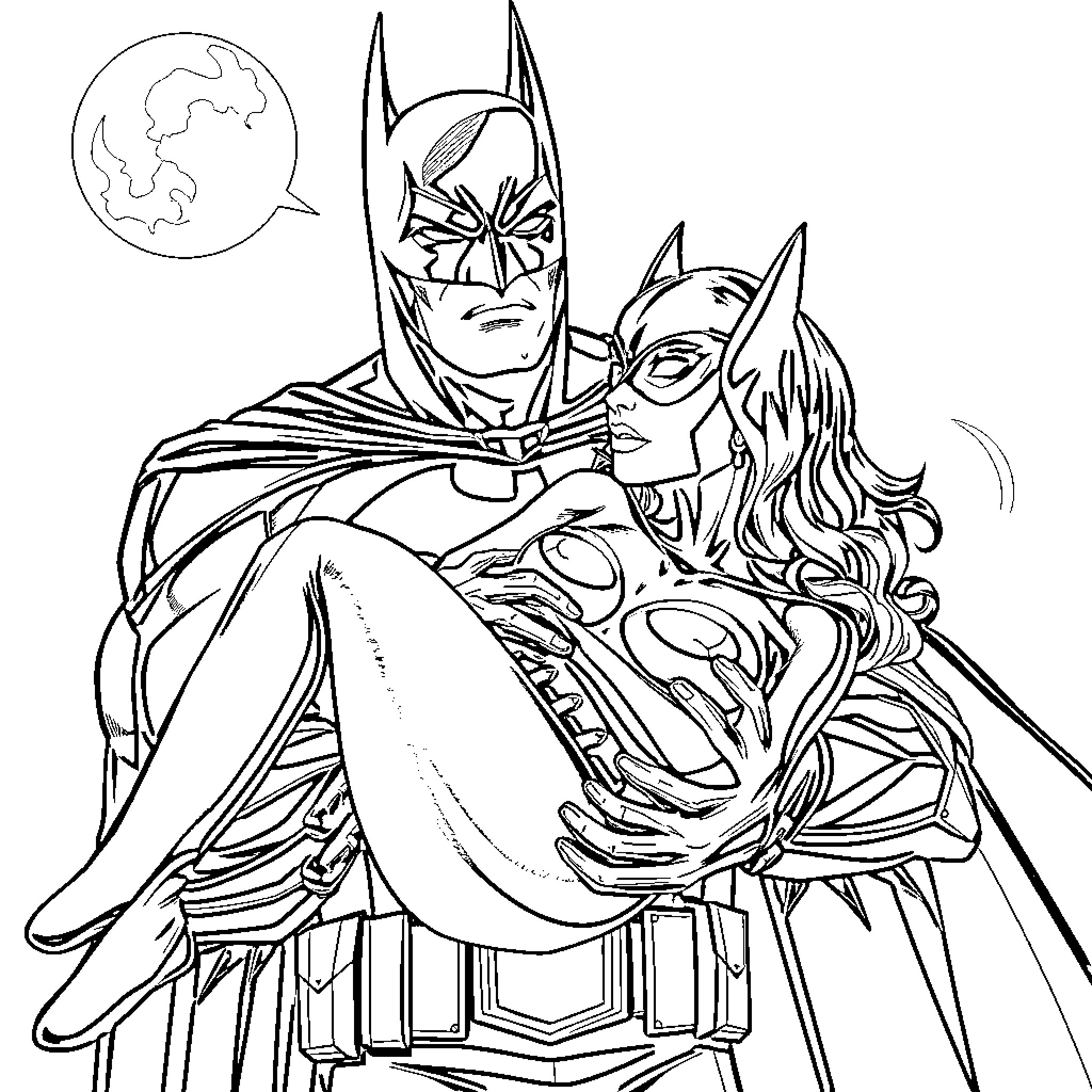 Batman and Batgirl fighting crime under the moonlight Coloring Page (free black-and-white line drawing printable PDF for all, from beginners to advanced learners, including children, teens, adults, and seniors)