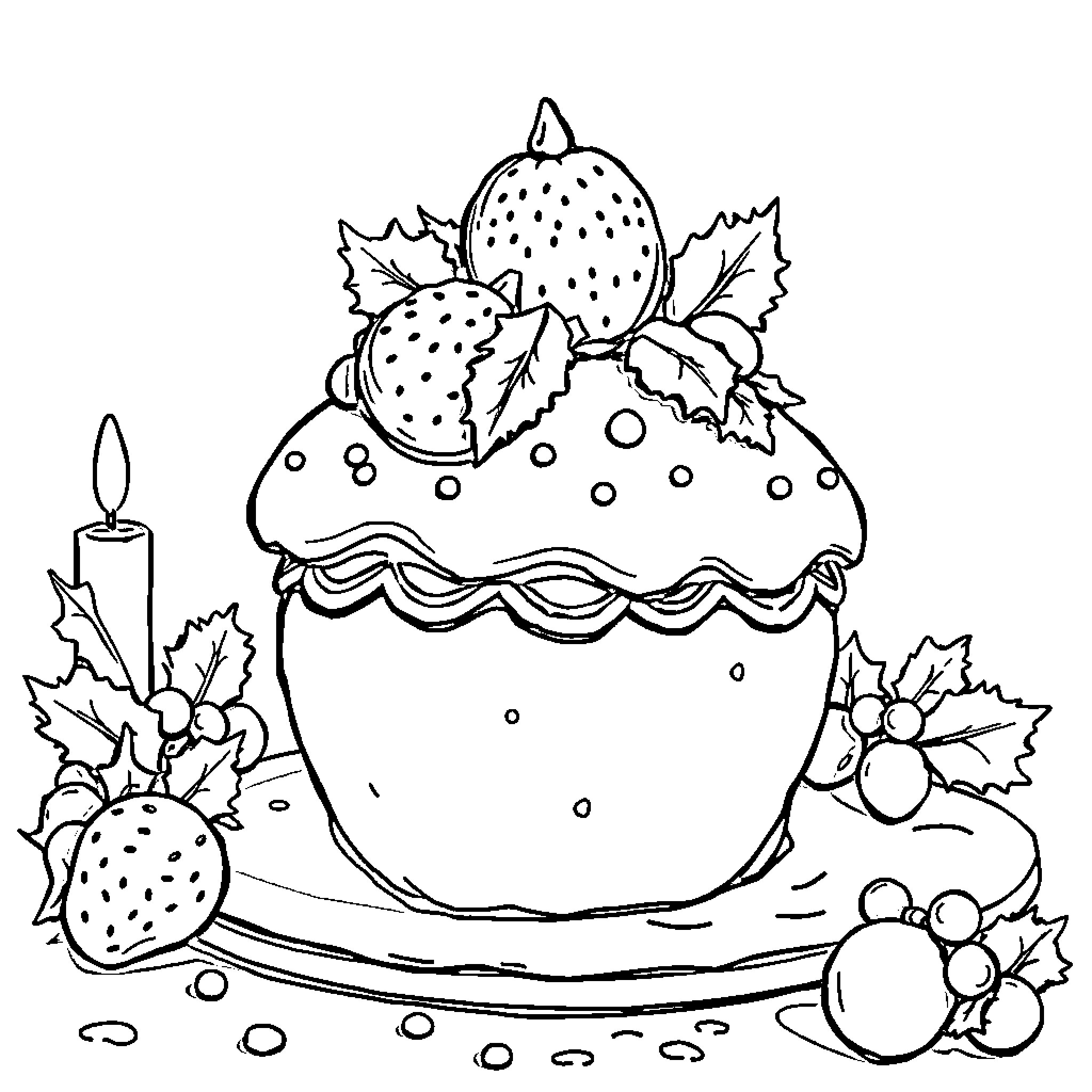 Strawberry Shortcake Dessert with Festive Decorations Coloring Page (free black-and-white line drawing printable PDF for all, from beginners to advanced learners, including children, teens, adults, and seniors)