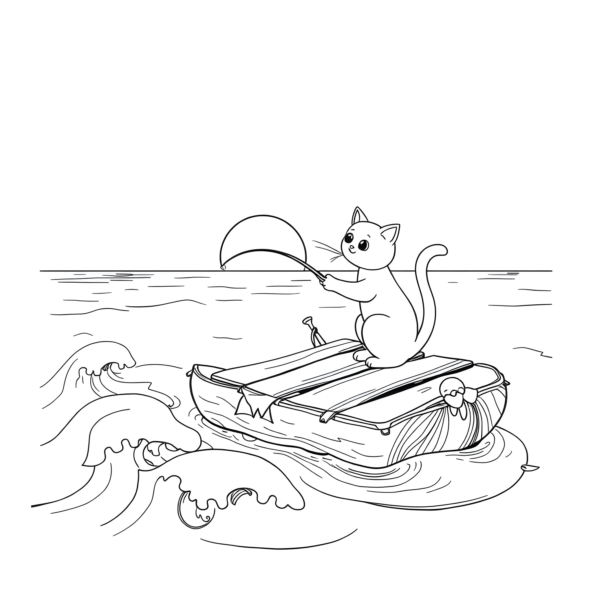 Cat relaxing on a floating raft in the ocean Coloring Page (free black-and-white line drawing printable PDF for all, from beginners to advanced learners, including children, teens, adults, and seniors)