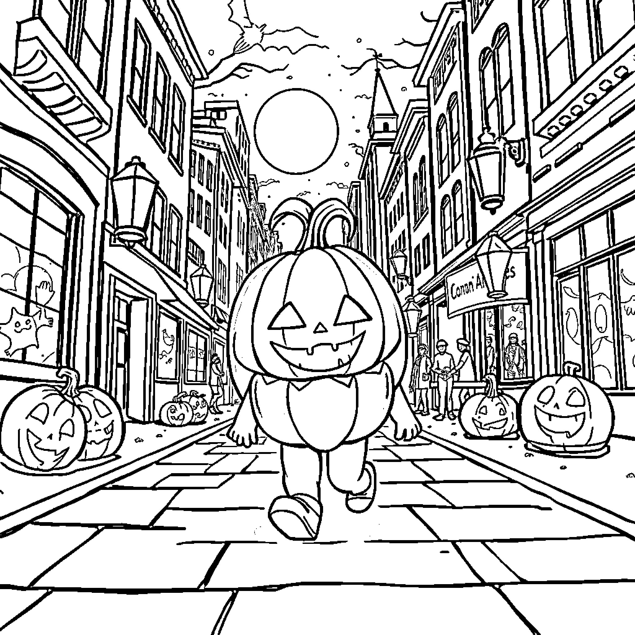 Pumpkin person walking down spooky Halloween town Coloring Page (free black-and-white line drawing printable PDF for all, from beginners to advanced learners, including children, teens, adults, and seniors)