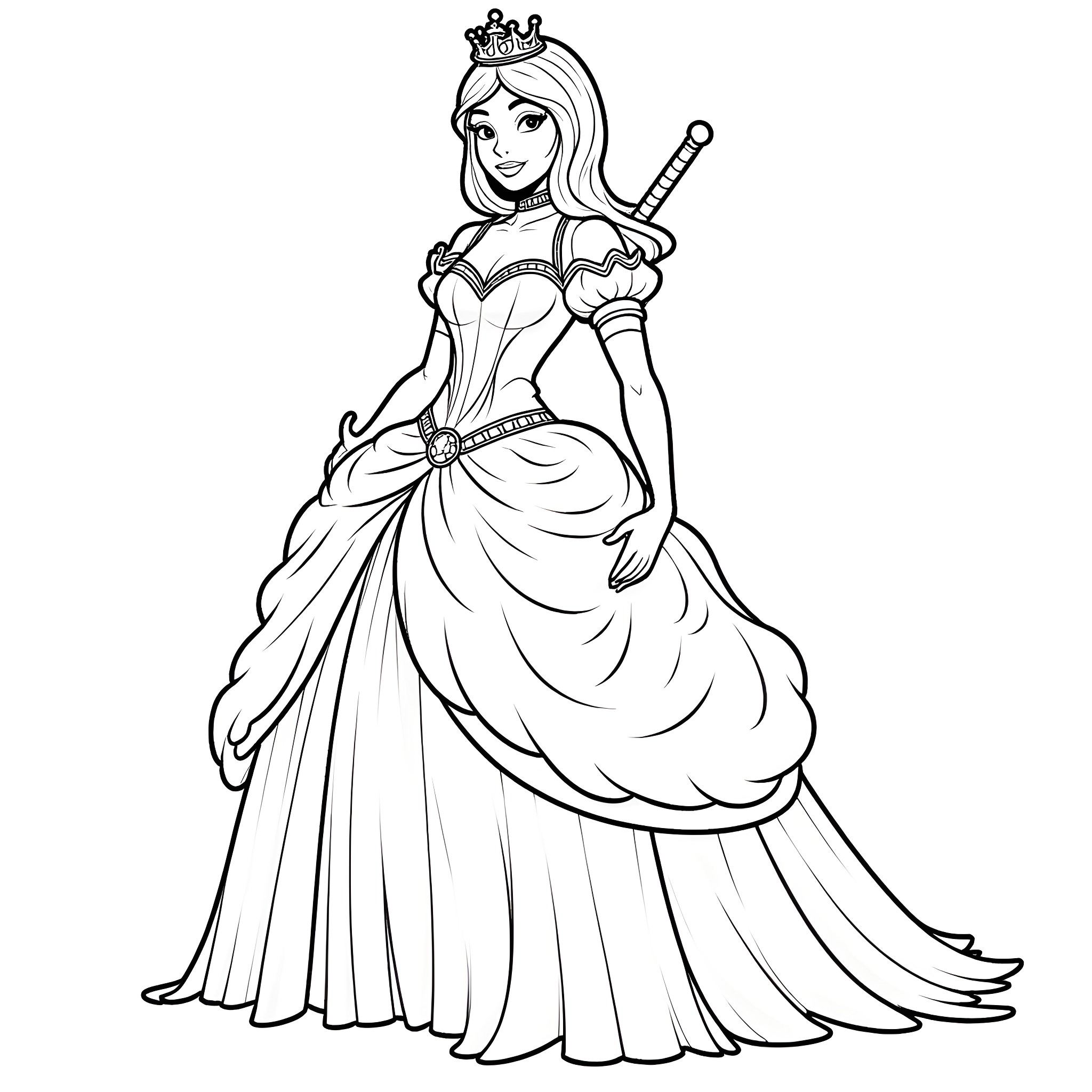 Deadpool princess in elegant gown Coloring Page (free black-and-white line drawing printable PDF for all, from beginners to advanced learners, including children, teens, adults, and seniors)