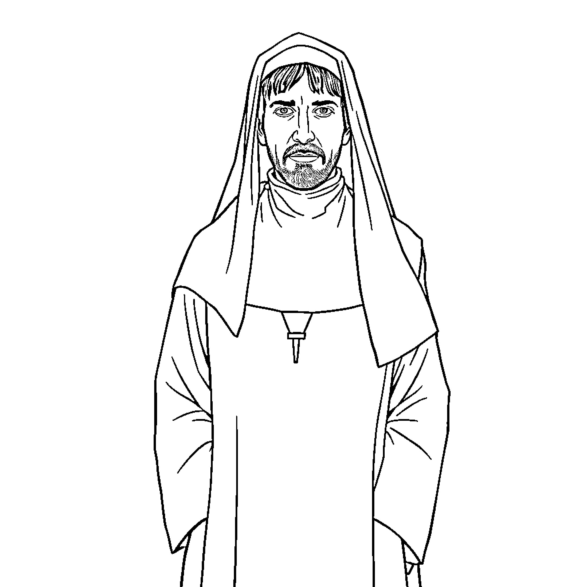 Trent Reznor depicted in a hooded, religious-style robe Coloring Page (free black-and-white line drawing printable PDF for all, from beginners to advanced learners, including children, teens, adults, and seniors)