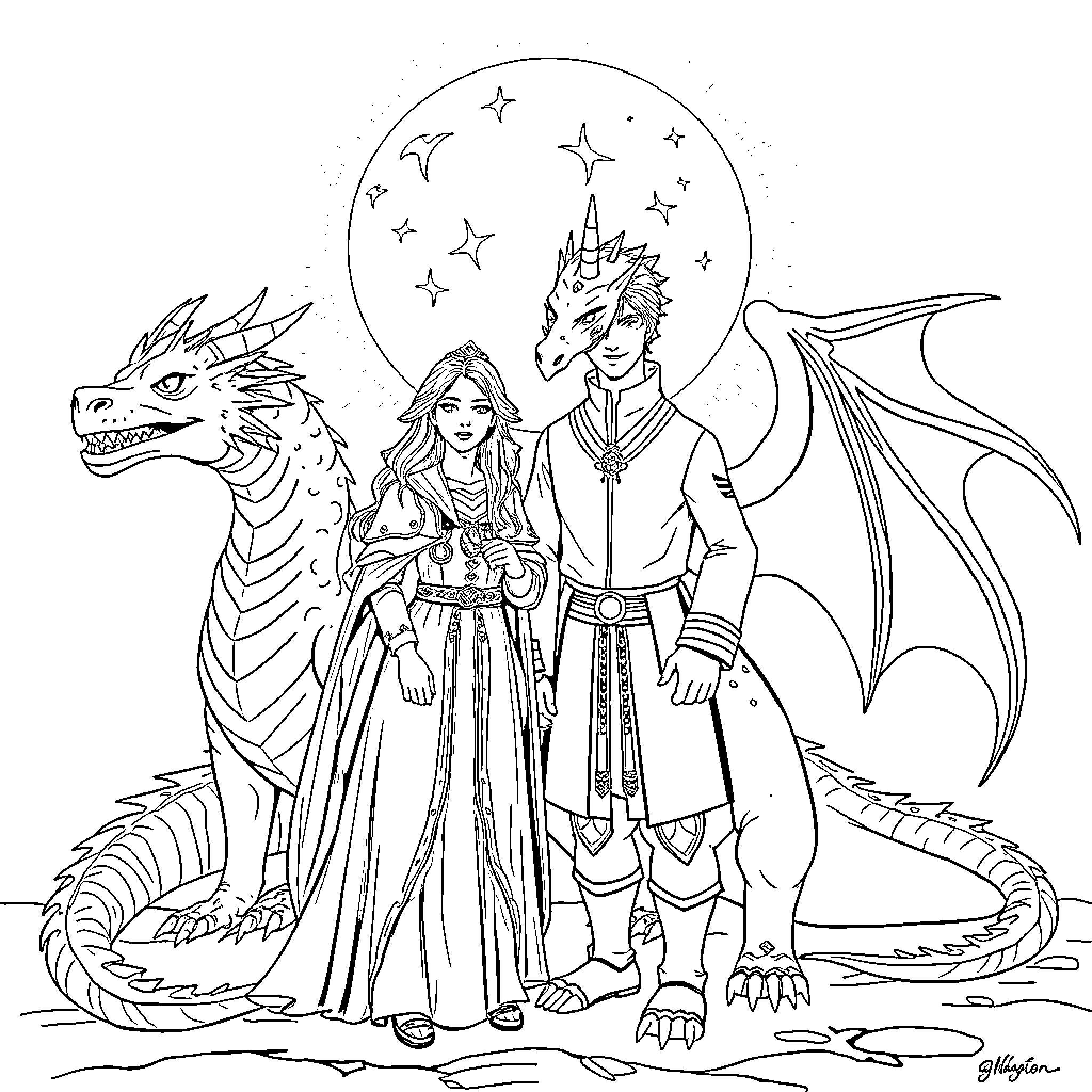 Dragon Royals Posing with Majestic Creature Coloring Page (free black-and-white line drawing printable PDF for all, from beginners to advanced learners, including children, teens, adults, and seniors)