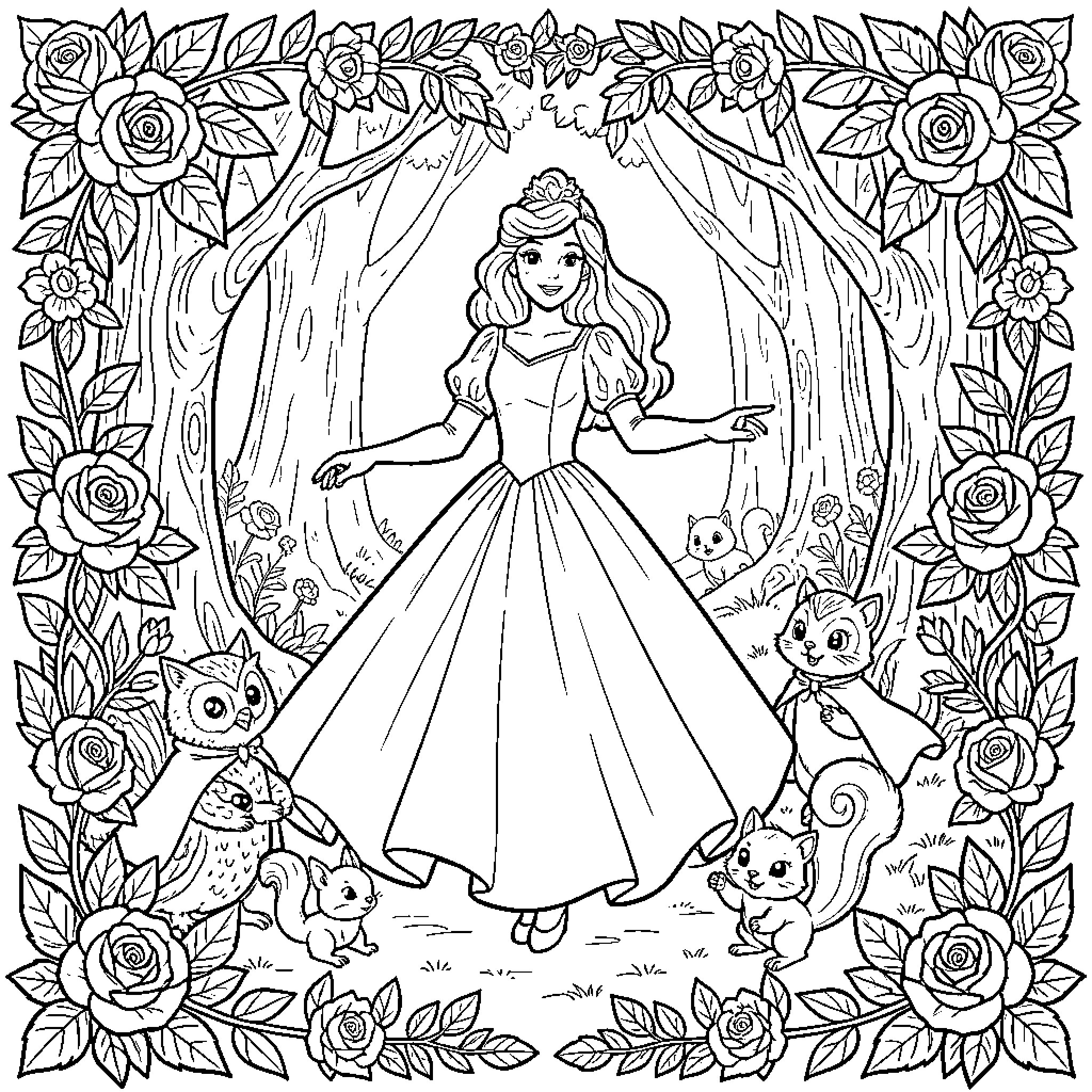 Sleeping Beauty in a Floral Wonderland Coloring Page (free black-and-white line drawing printable PDF for all, from beginners to advanced learners, including children, teens, adults, and seniors)