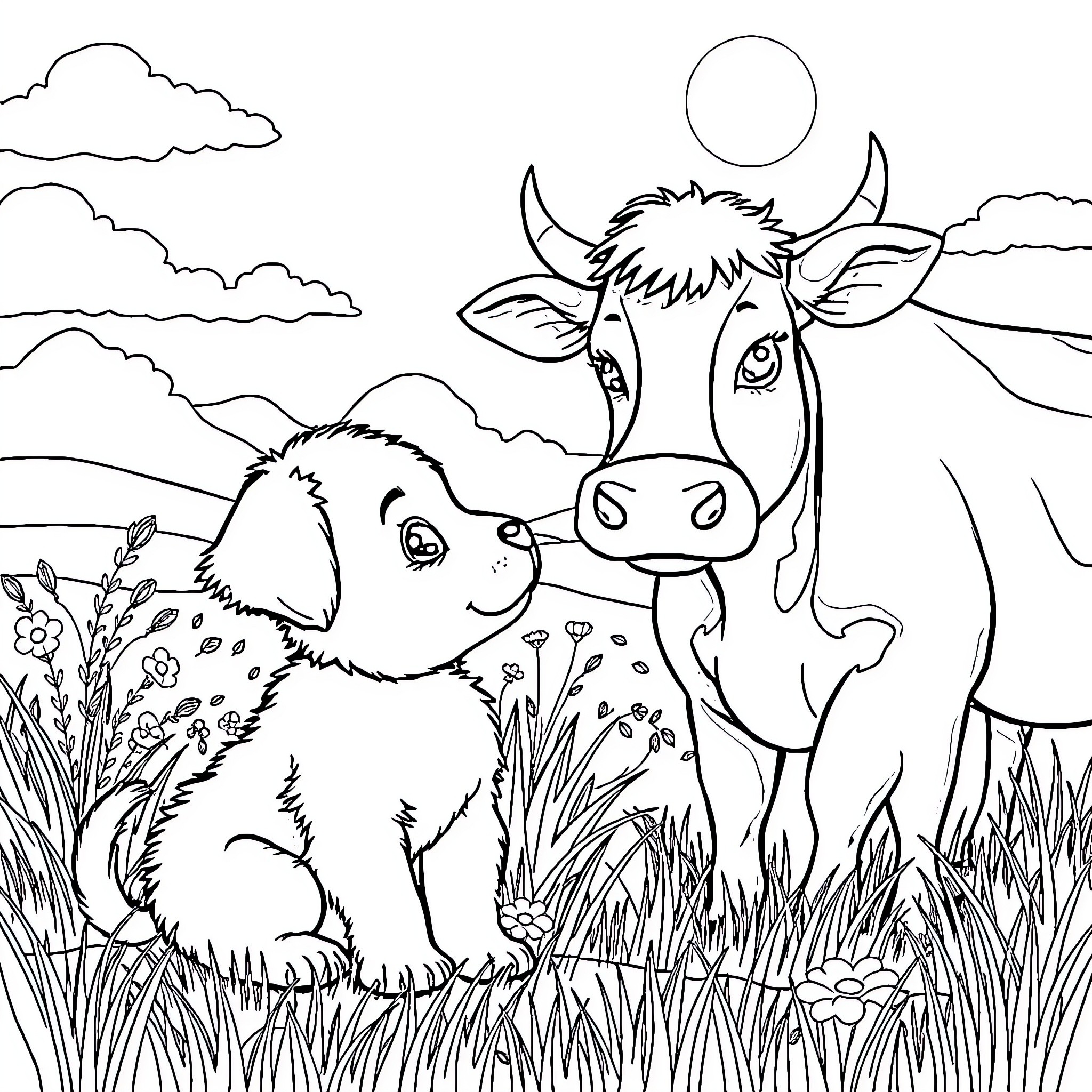 Puppy and Cow Enjoying Peaceful Countryside Scene Coloring Page (free black-and-white line drawing printable PDF for all, from beginners to advanced learners, including children, teens, adults, and seniors)