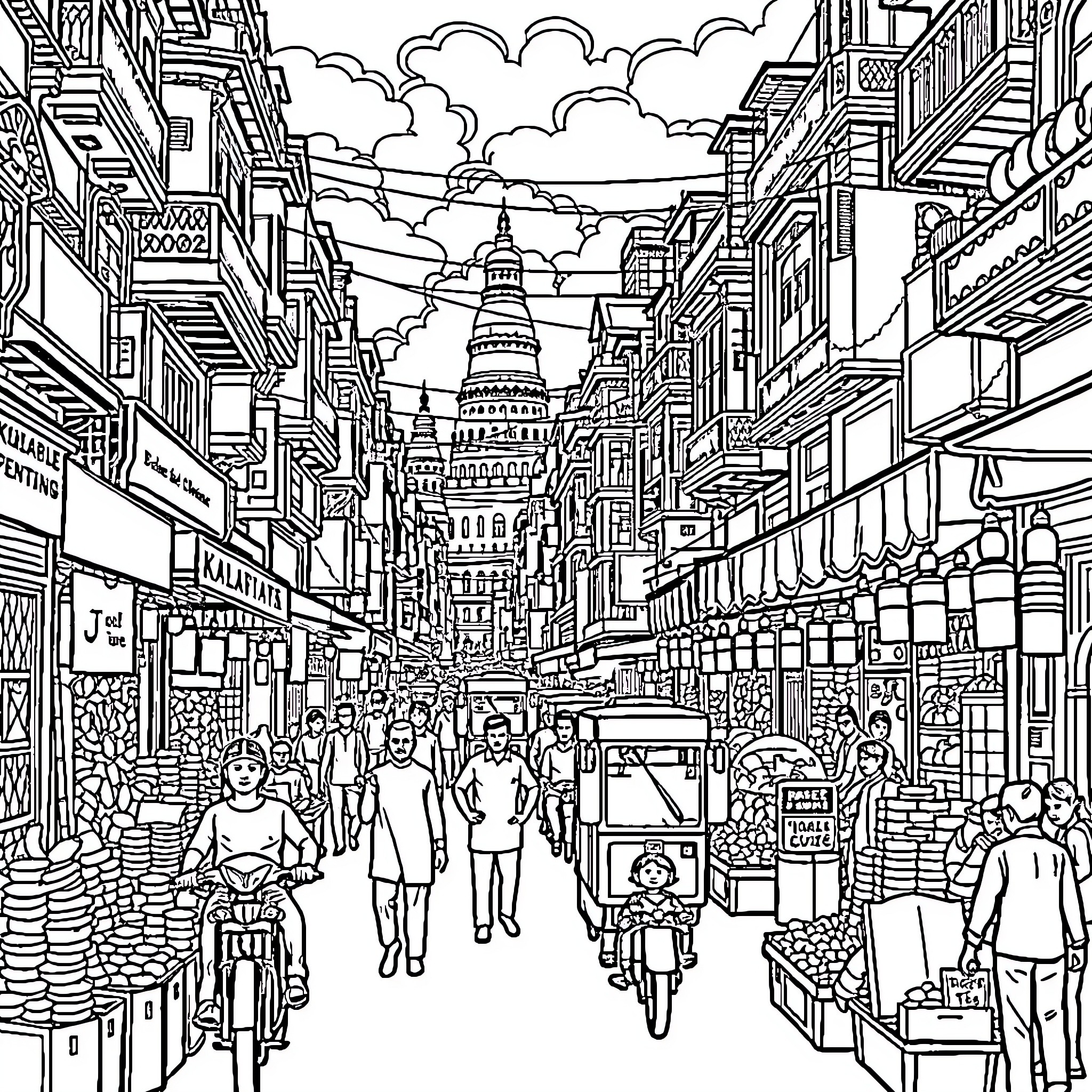 Kolkata bustling street scene with ornate architecture Coloring Page (free black-and-white line drawing printable PDF for all, from beginners to advanced learners, including children, teens, adults, and seniors)
