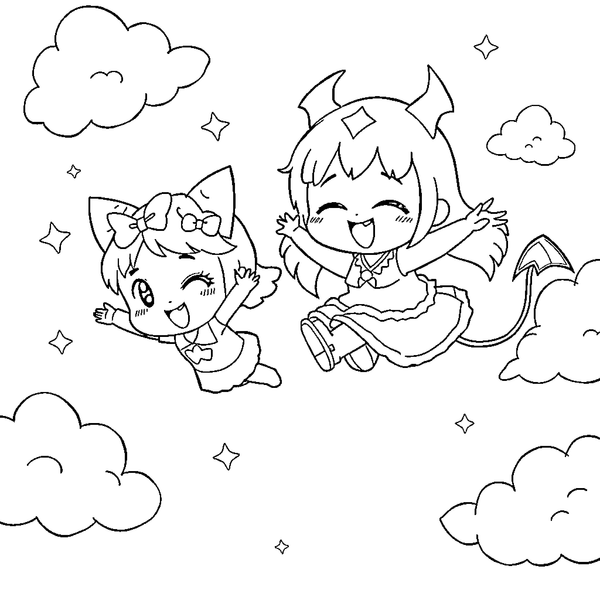 Twin Stars playing happily in the sky Coloring Page (free black-and-white line drawing printable PDF for all, from beginners to advanced learners, including children, teens, adults, and seniors)