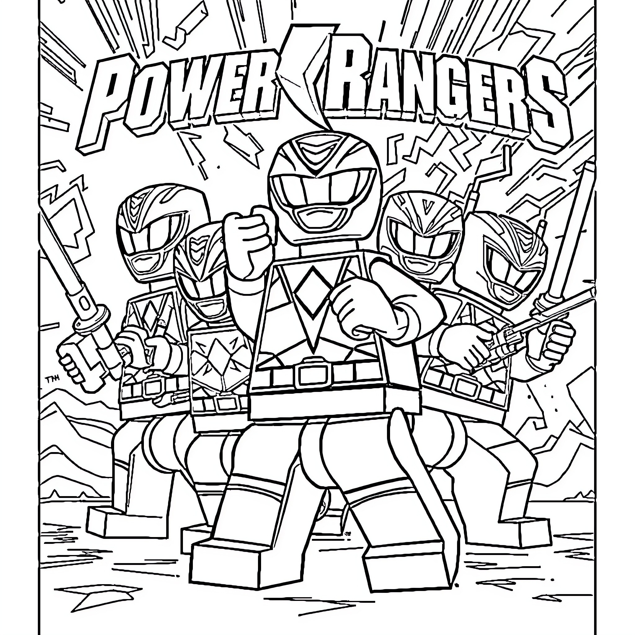 Lego Power Rangers in Action Coloring Page (free black-and-white line drawing printable PDF for all, from beginners to advanced learners, including children, teens, adults, and seniors)