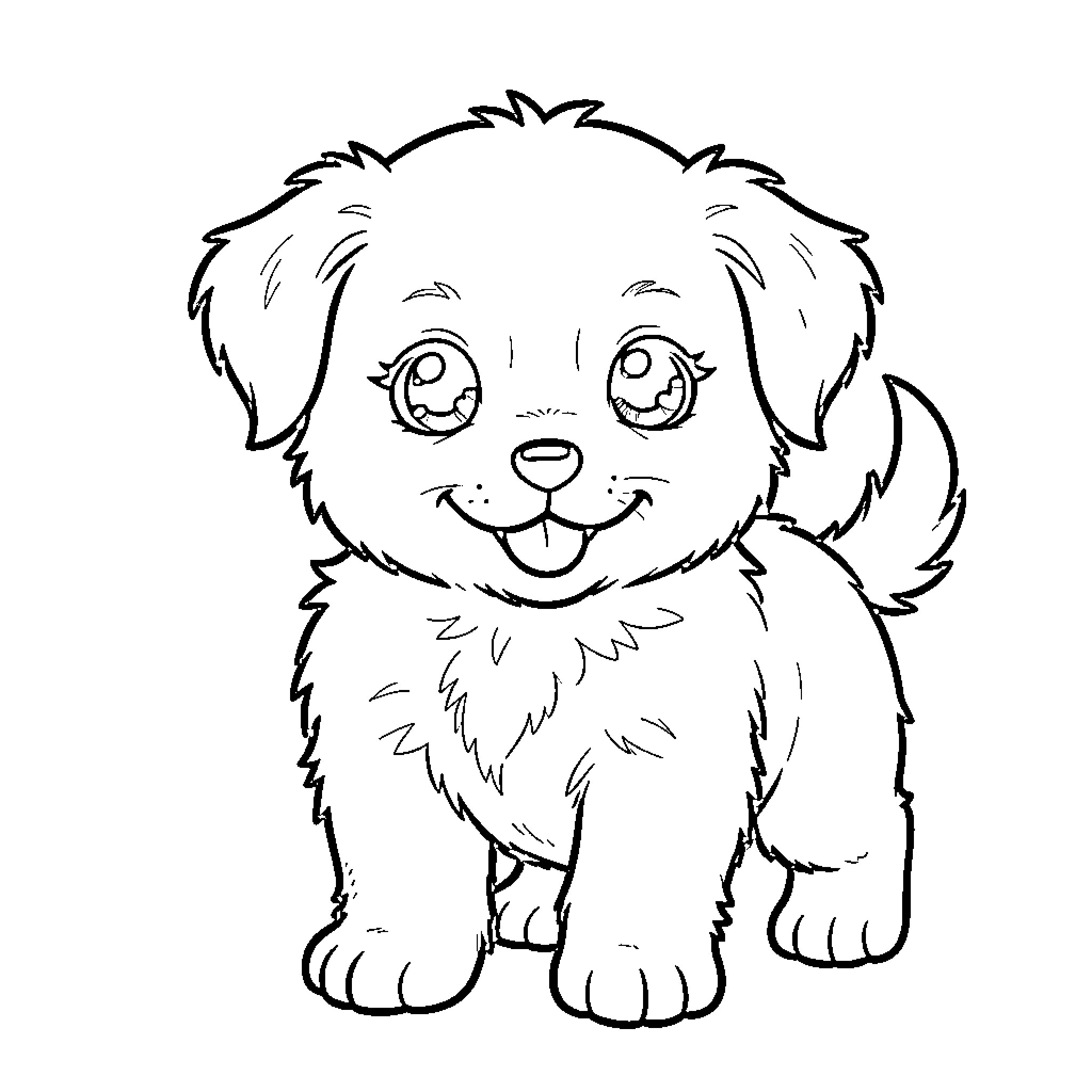 Puppy with big eyes and fluffy fur Coloring Page (free black-and-white line drawing printable PDF for all, from beginners to advanced learners, including children, teens, adults, and seniors)