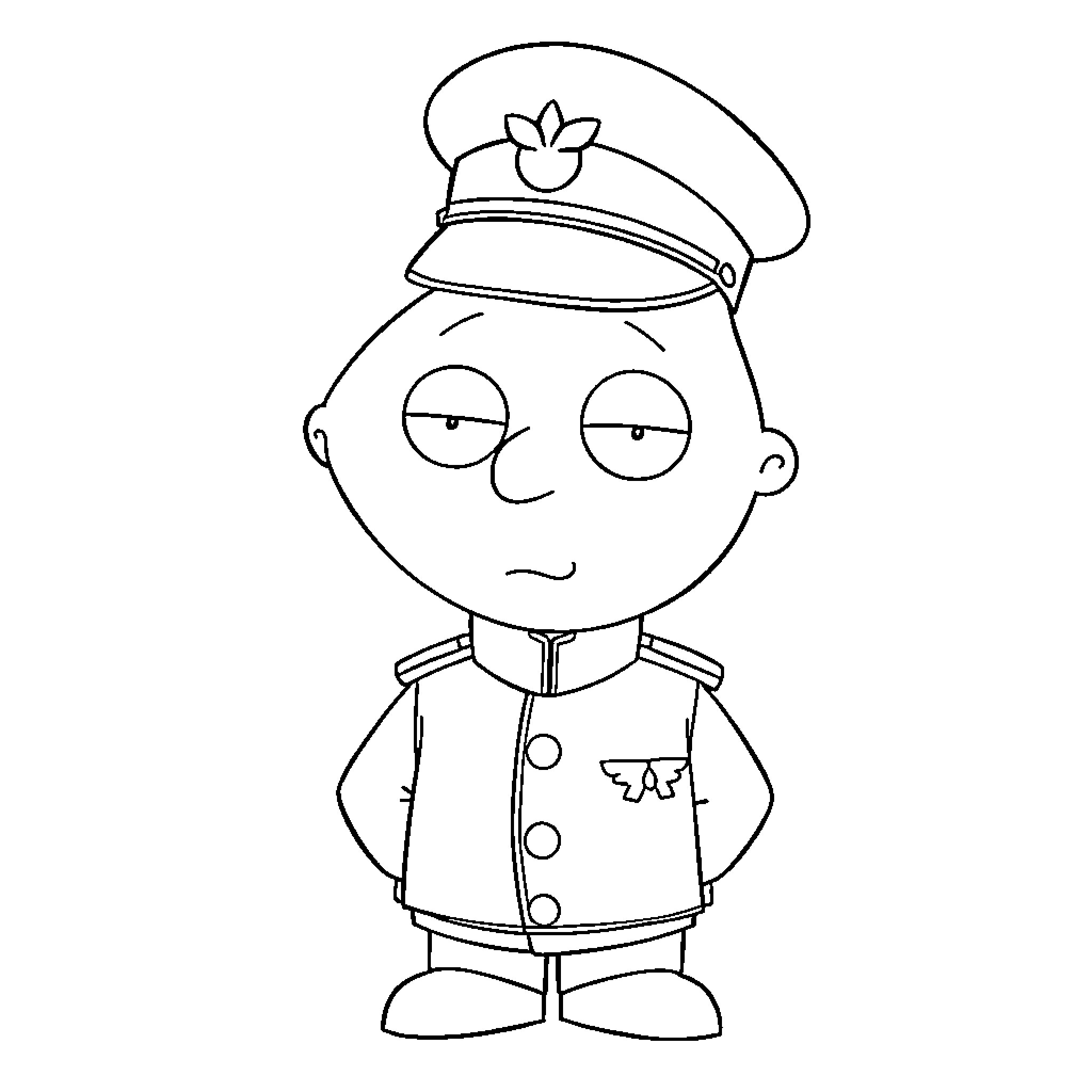 Stewie the Uniformed Character in Contemplative Pose Coloring Page (free black-and-white line drawing printable PDF for all, from beginners to advanced learners, including children, teens, adults, and seniors)