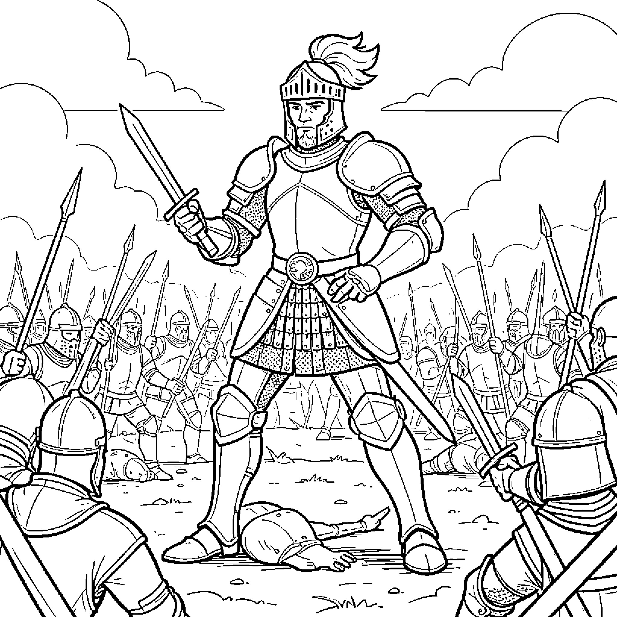 Knight standing heroically amidst a battlefield scene Coloring Page (free black-and-white line drawing printable PDF for all, from beginners to advanced learners, including children, teens, adults, and seniors)