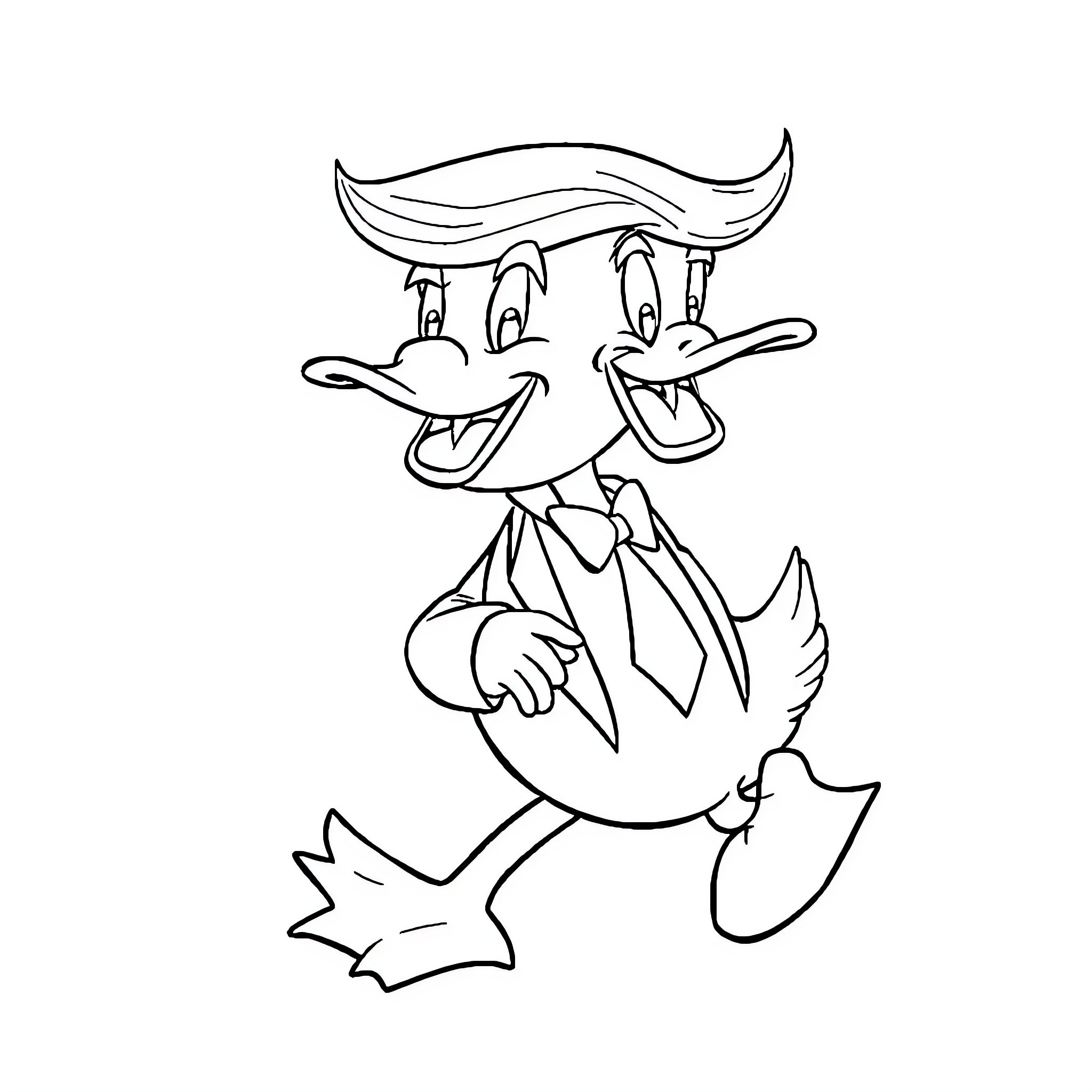 Donald Trump Duck in Whimsical Pose Coloring Page (free black-and-white line drawing printable PDF for all, from beginners to advanced learners, including children, teens, adults, and seniors)