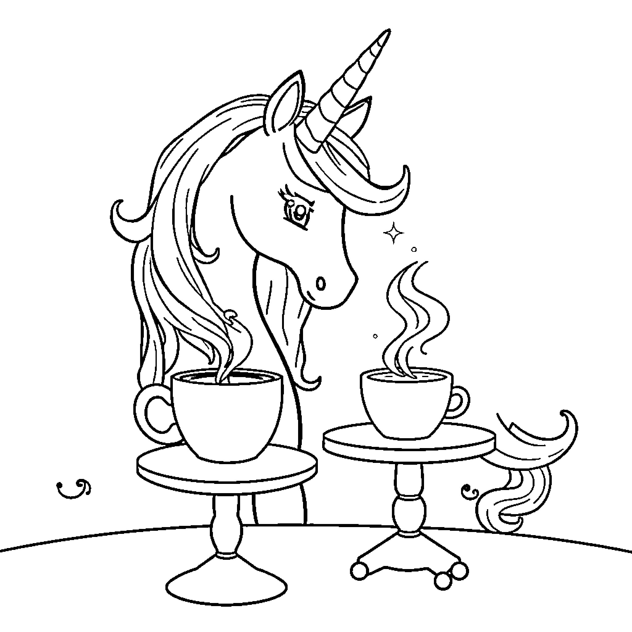 Unicorn sipping magical tea in cozy space Coloring Page (free black-and-white line drawing printable PDF for all, from beginners to advanced learners, including children, teens, adults, and seniors)