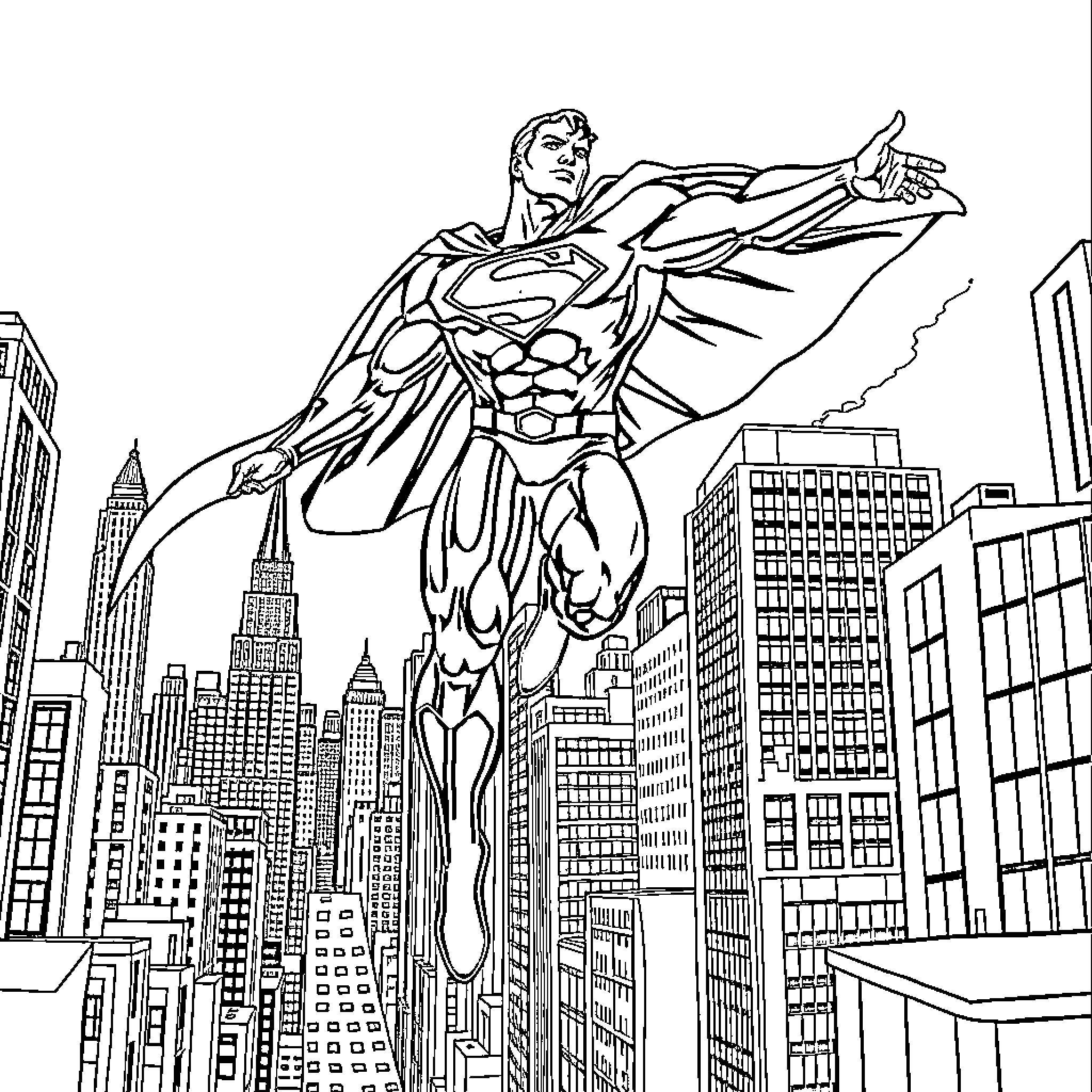 Superman soaring heroically over the city skyline Coloring Page (free black-and-white line drawing printable PDF for all, from beginners to advanced learners, including children, teens, adults, and seniors)