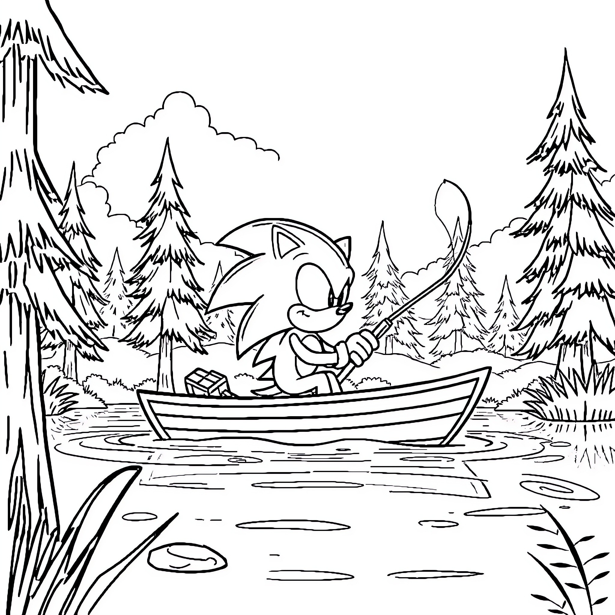 Sonic exploring nature in a boat Coloring Page (free black-and-white line drawing printable PDF for all, from beginners to advanced learners, including children, teens, adults, and seniors)