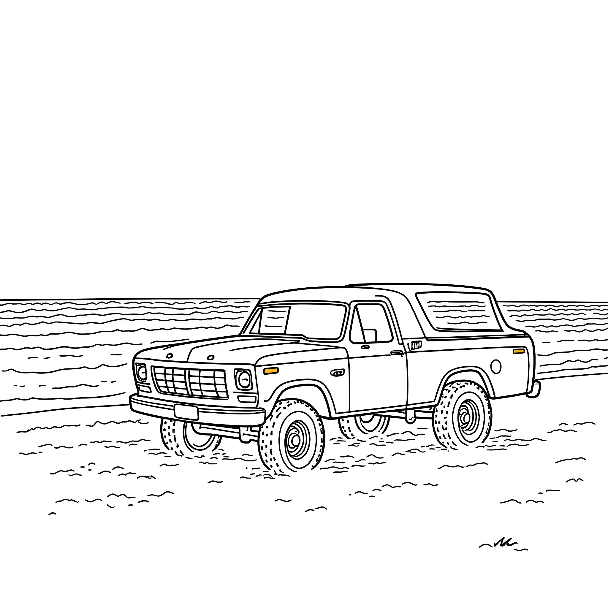 Ford truck navigating through rough terrain Coloring Page (free black-and-white line drawing printable PDF for all, from beginners to advanced learners, including children, teens, adults, and seniors)