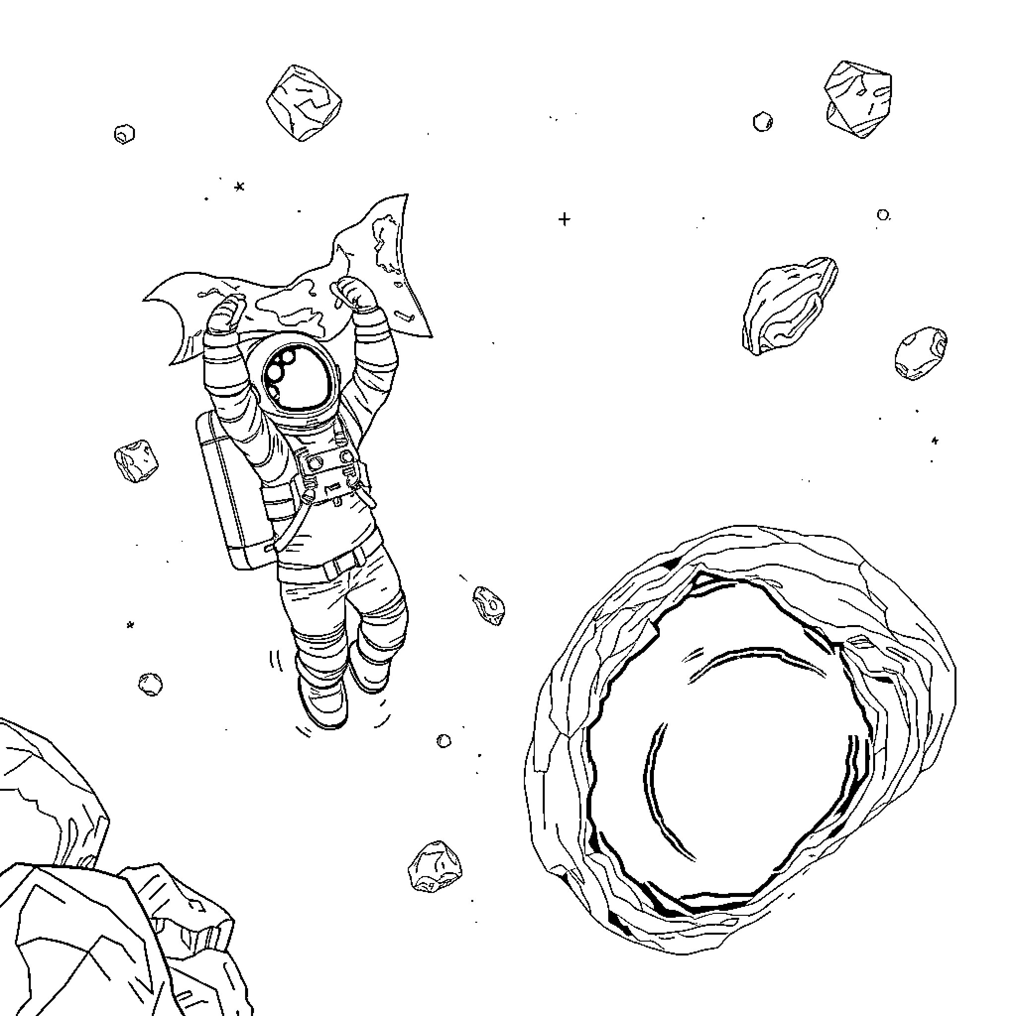 Astronaut exploring space with cosmic phenomena Coloring Page (free black-and-white line drawing printable PDF for all, from beginners to advanced learners, including children, teens, adults, and seniors)