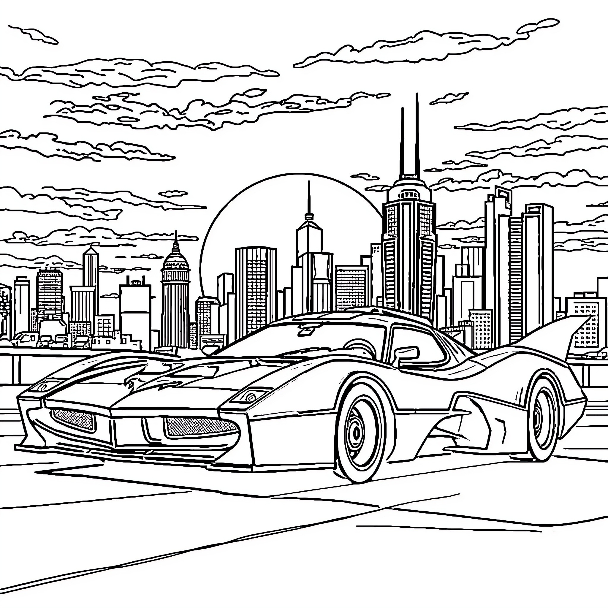 Batmobile driving through futuristic city skyline Coloring Page (free black-and-white line drawing printable PDF for all, from beginners to advanced learners, including children, teens, adults, and seniors)