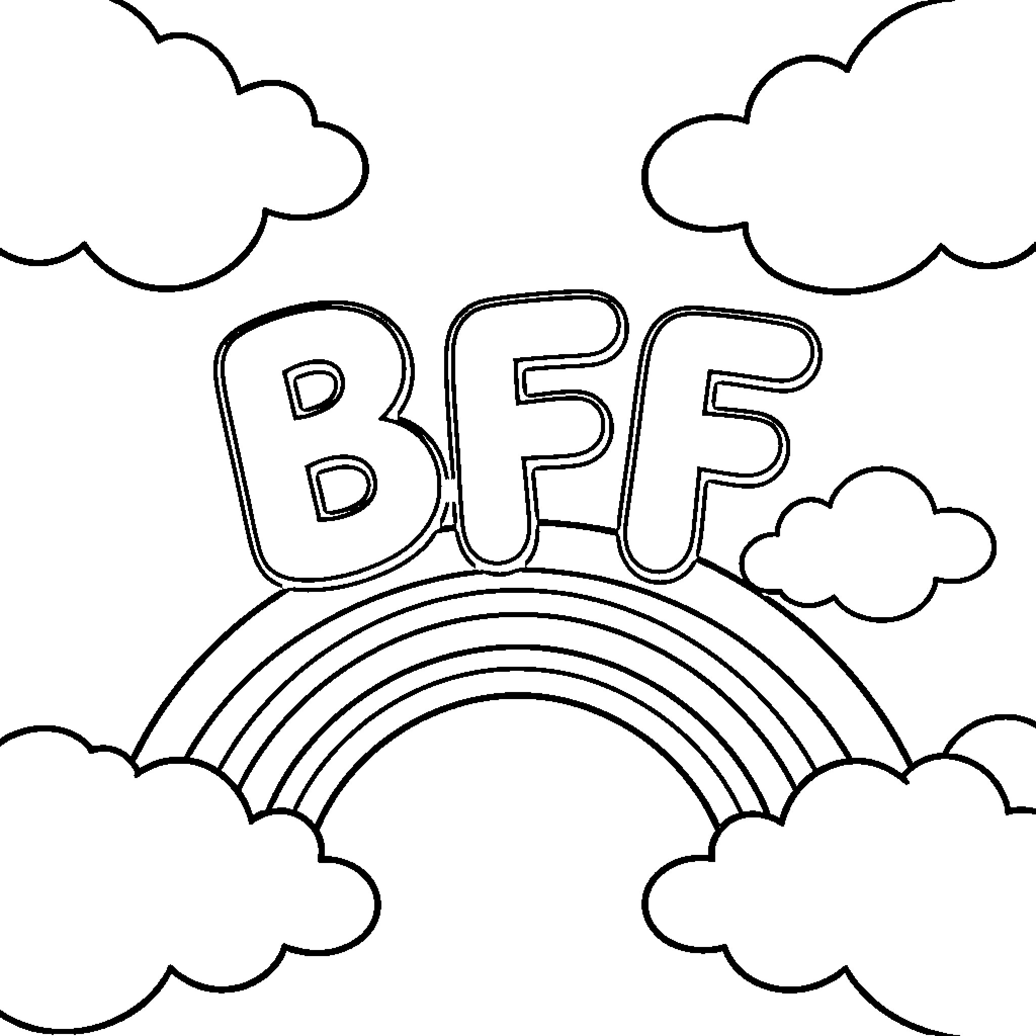 BFF Enjoying a Vibrant Rainbow Sky Coloring Page (free black-and-white line drawing printable PDF for all, from beginners to advanced learners, including children, teens, adults, and seniors)