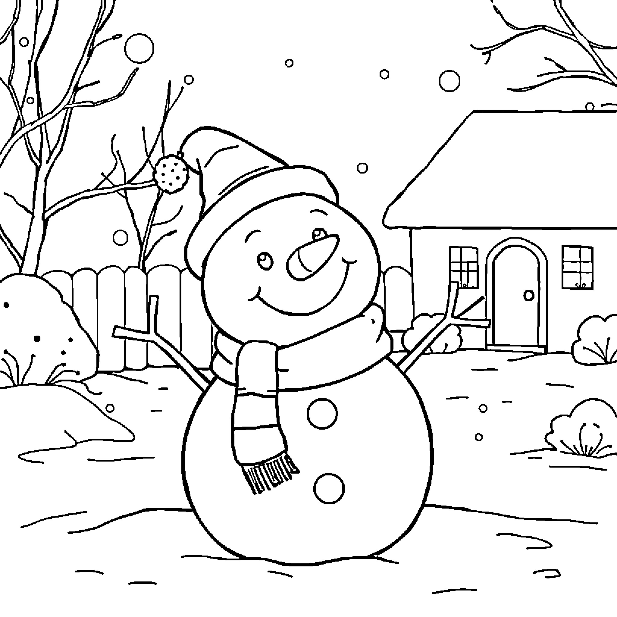 Snowman enjoying the winter wonderland Coloring Page (free black-and-white line drawing printable PDF for all, from beginners to advanced learners, including children, teens, adults, and seniors)