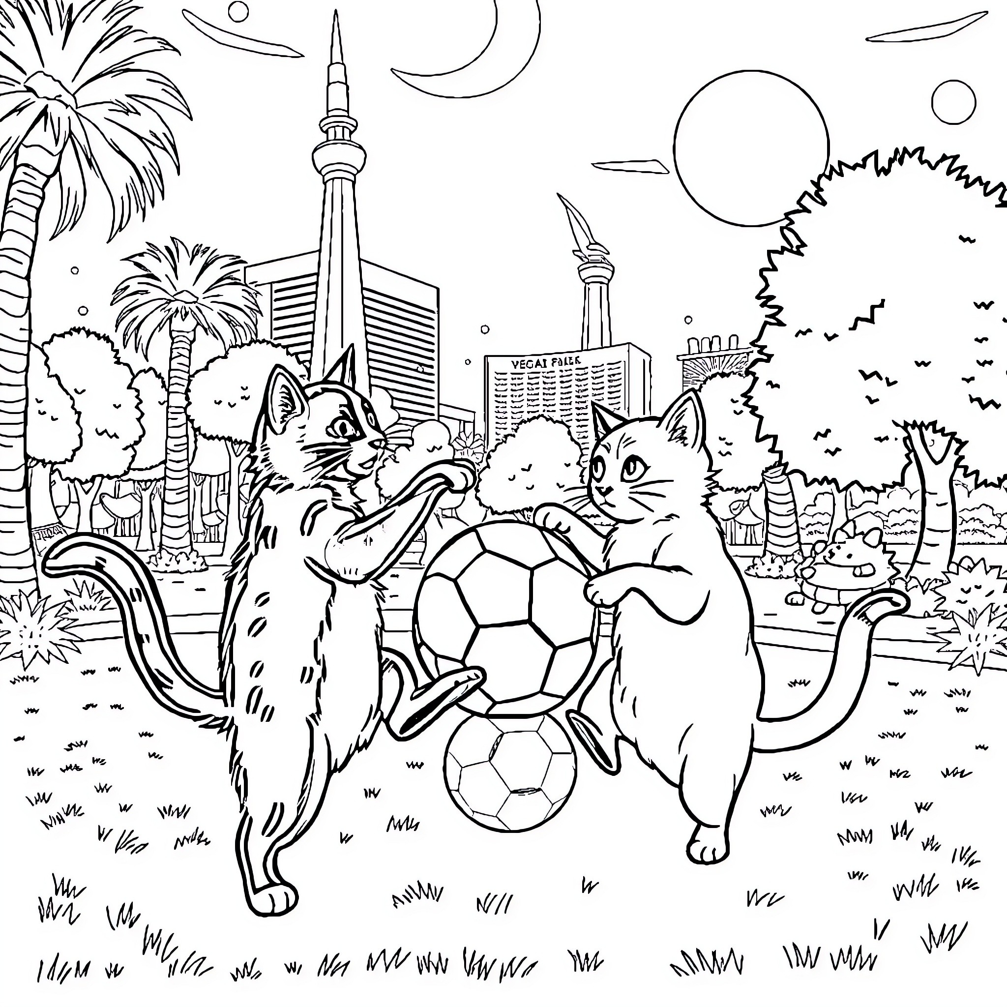 Cats playing with soccer balls in a cityscape Coloring Page (free black-and-white line drawing printable PDF for all, from beginners to advanced learners, including children, teens, adults, and seniors)