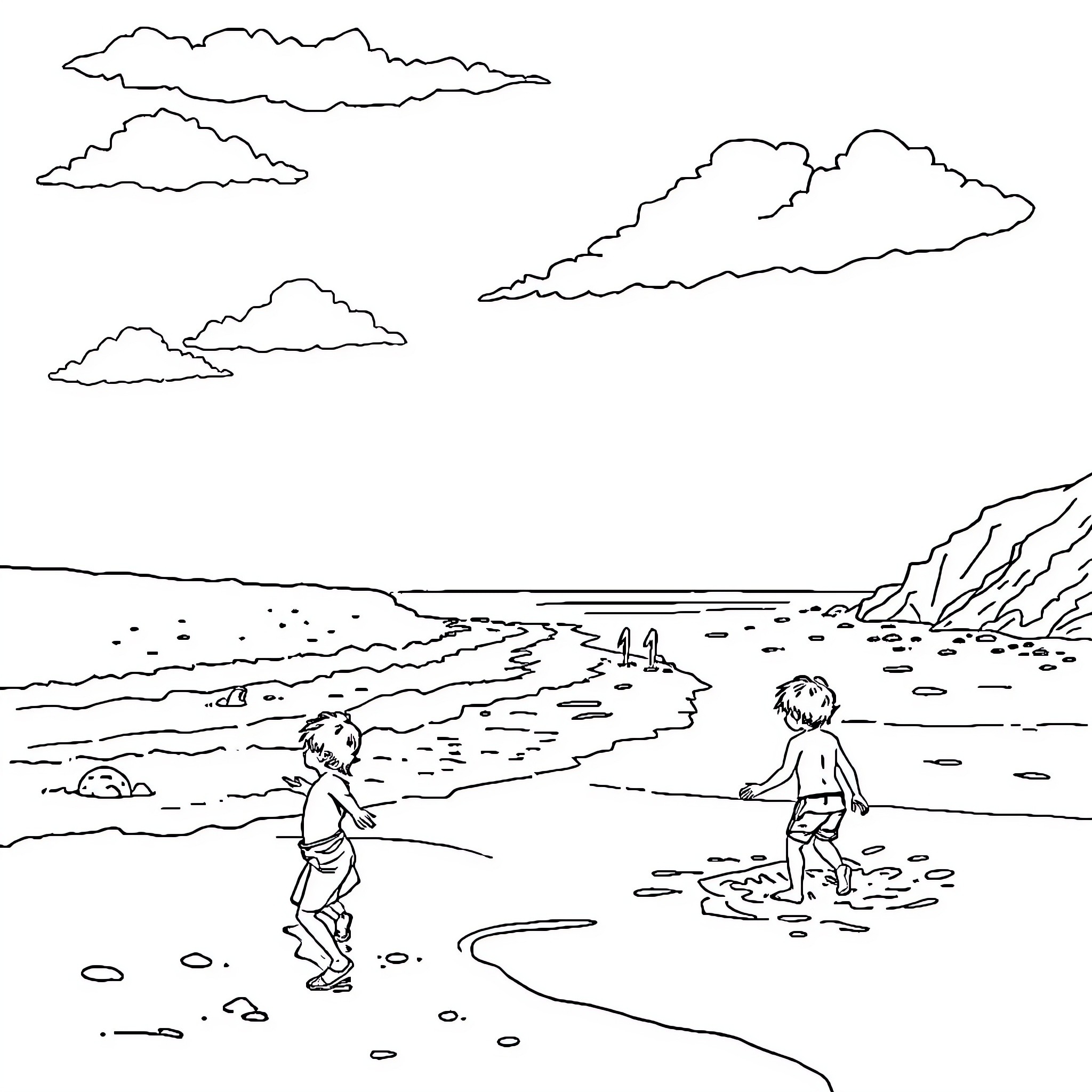 Pareil children playing happily on the beach Coloring Page (free black-and-white line drawing printable PDF for all, from beginners to advanced learners, including children, teens, adults, and seniors)