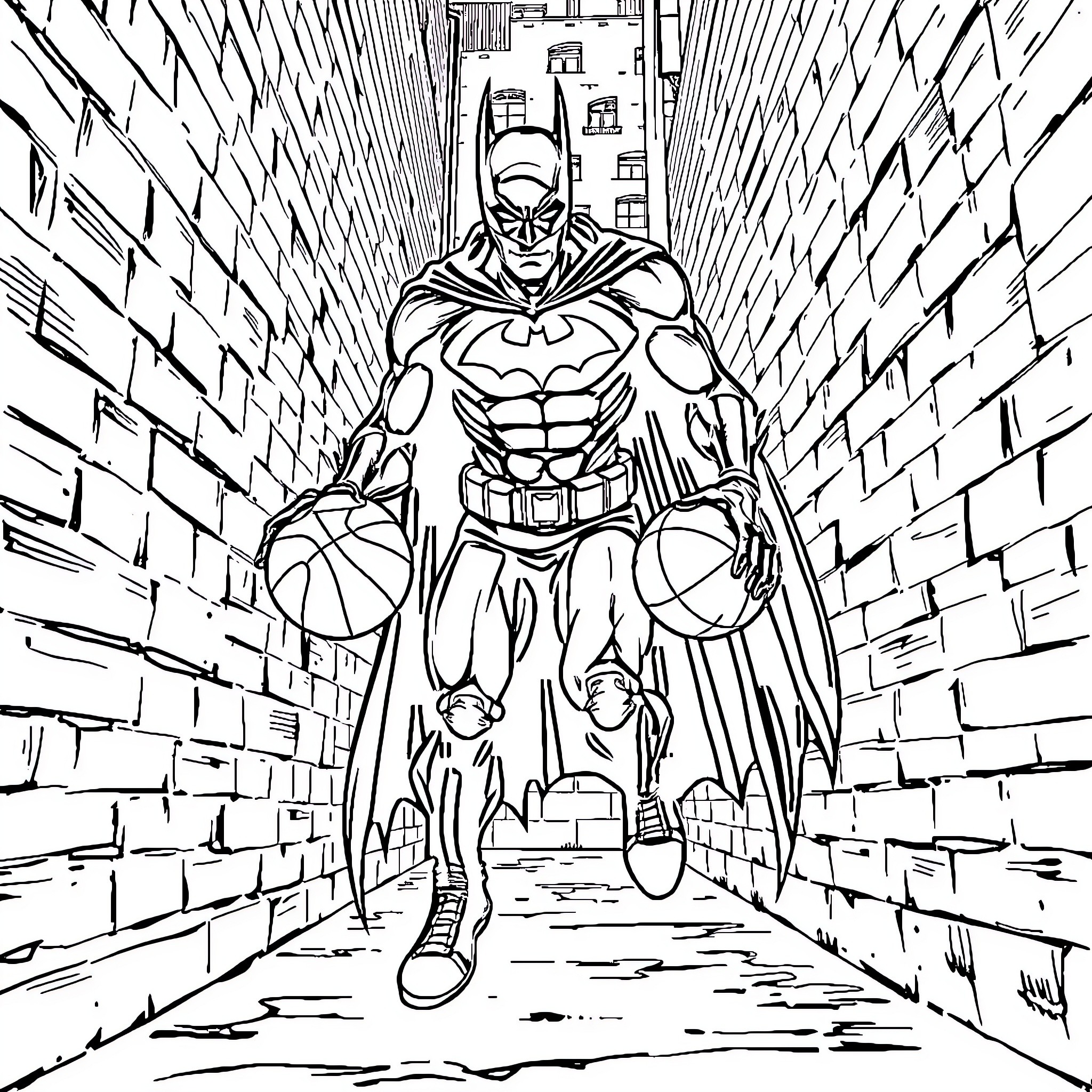 Batman Patrolling the Gritty City Streets Coloring Page (free black-and-white line drawing printable PDF for all, from beginners to advanced learners, including children, teens, adults, and seniors)
