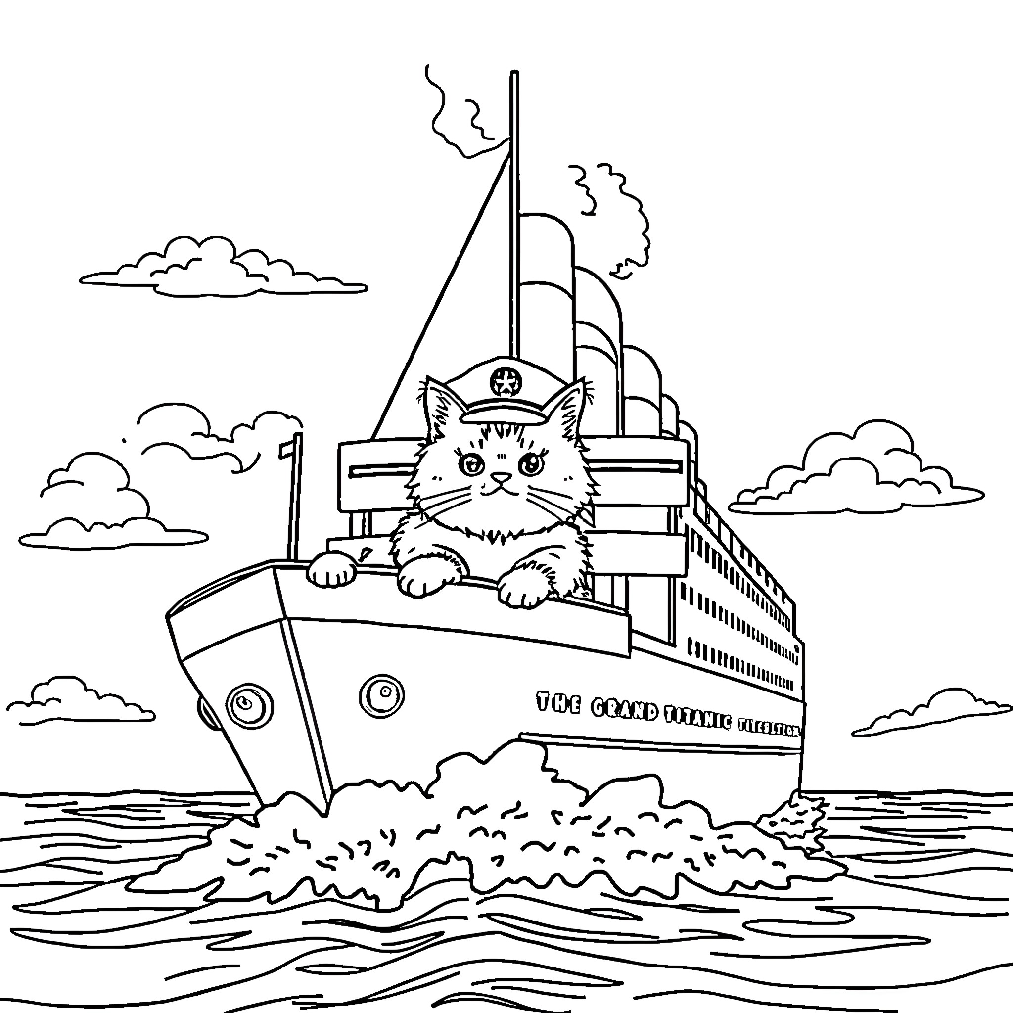 Titanic Cruise Ship with Curious Cat Coloring Page (free black-and-white line drawing printable PDF for all, from beginners to advanced learners, including children, teens, adults, and seniors)