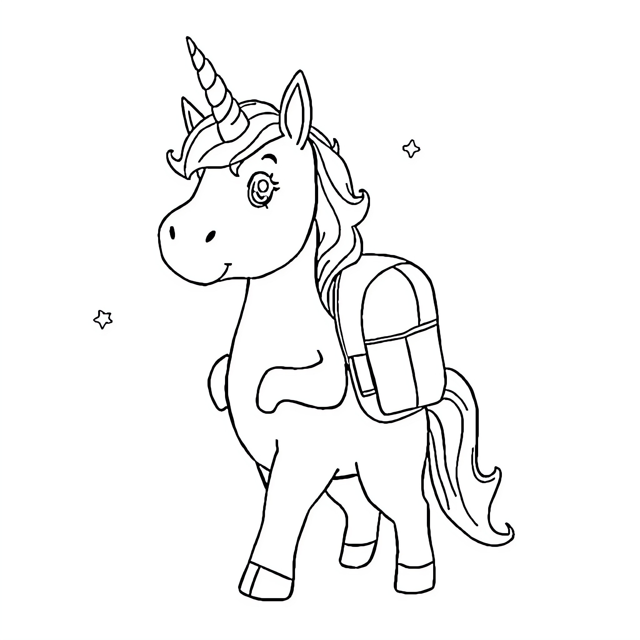 Unicorn carrying a backpack with stars Coloring Page (free black-and-white line drawing printable PDF for all, from beginners to advanced learners, including children, teens, adults, and seniors)