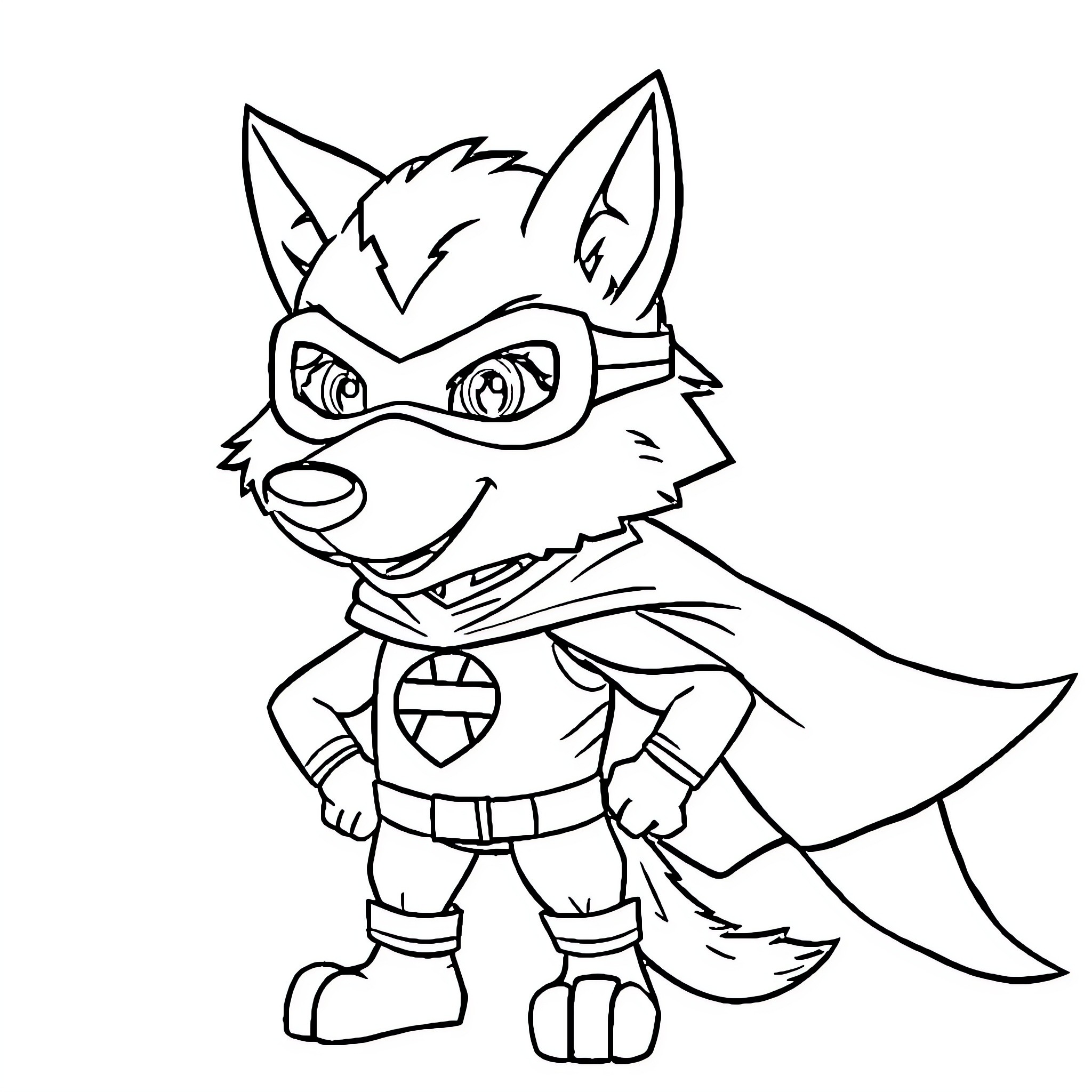Wolf superhero in costume posing dramatically Coloring Page (free black-and-white line drawing printable PDF for all, from beginners to advanced learners, including children, teens, adults, and seniors)