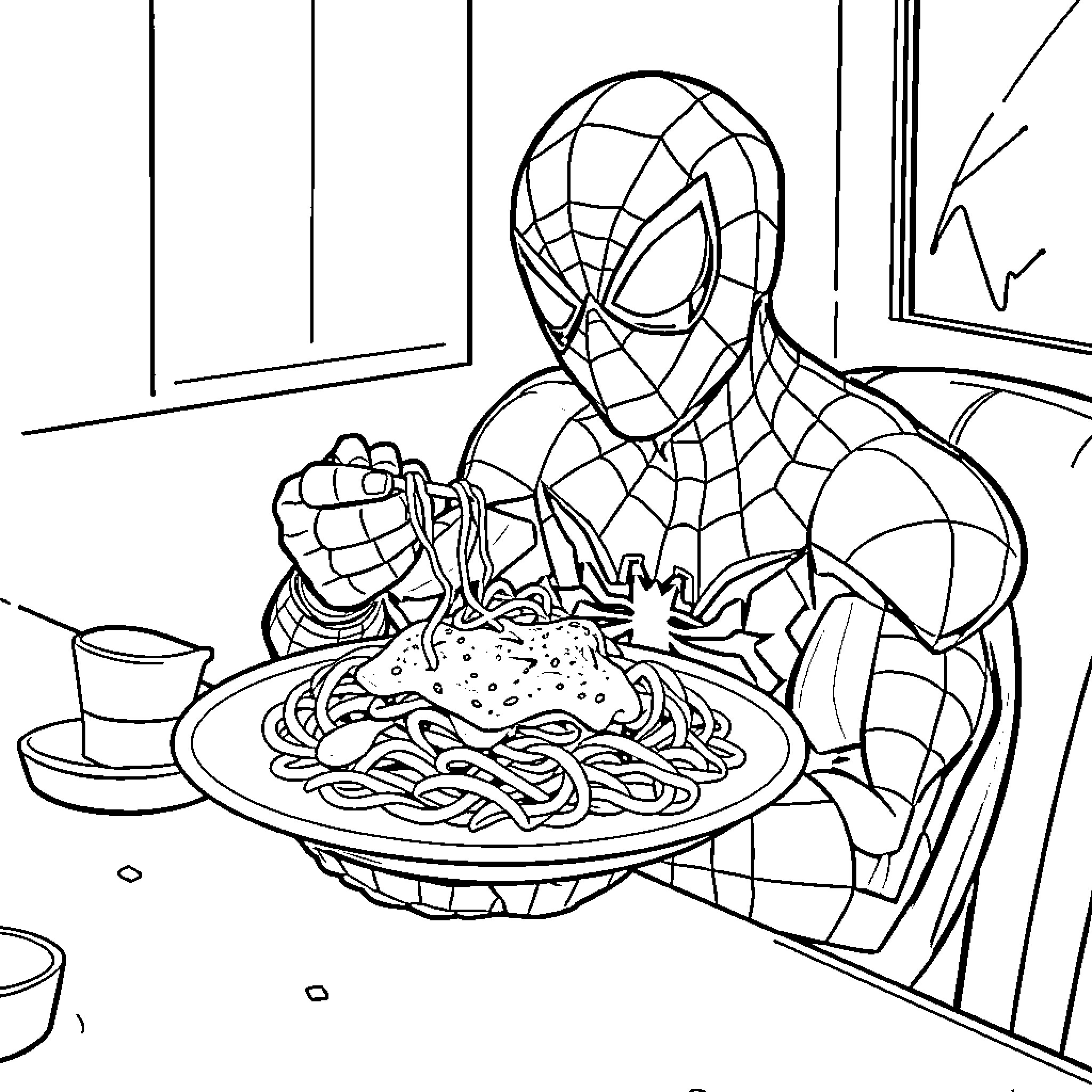 Spiderman enjoying a delicious meal Coloring Page (free black-and-white line drawing printable PDF for all, from beginners to advanced learners, including children, teens, adults, and seniors)