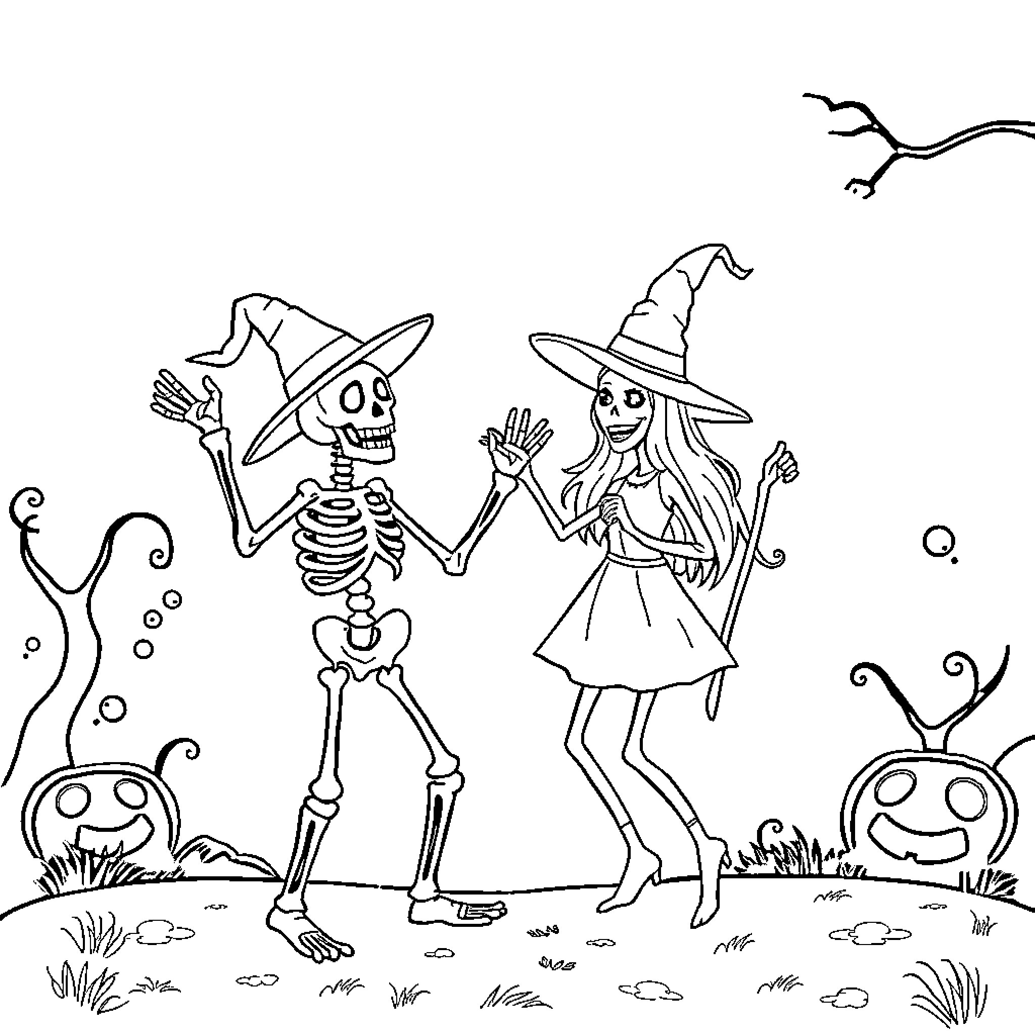 Skeleton and Witch in Spooky Outdoor Scene Coloring Page (free black-and-white line drawing printable PDF for all, from beginners to advanced learners, including children, teens, adults, and seniors)