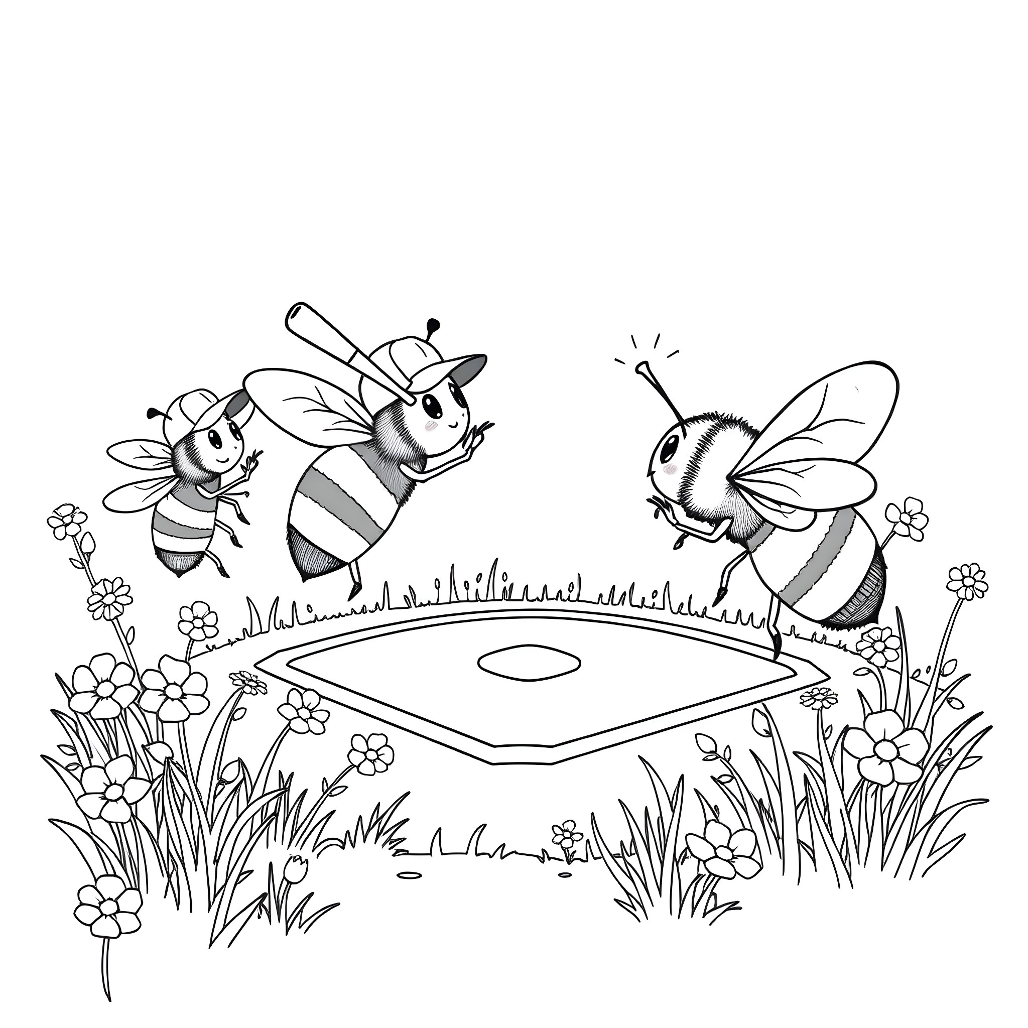 Bee friends happily exploring the garden Coloring Page (free black-and-white line drawing printable PDF for all, from beginners to advanced learners, including children, teens, adults, and seniors)