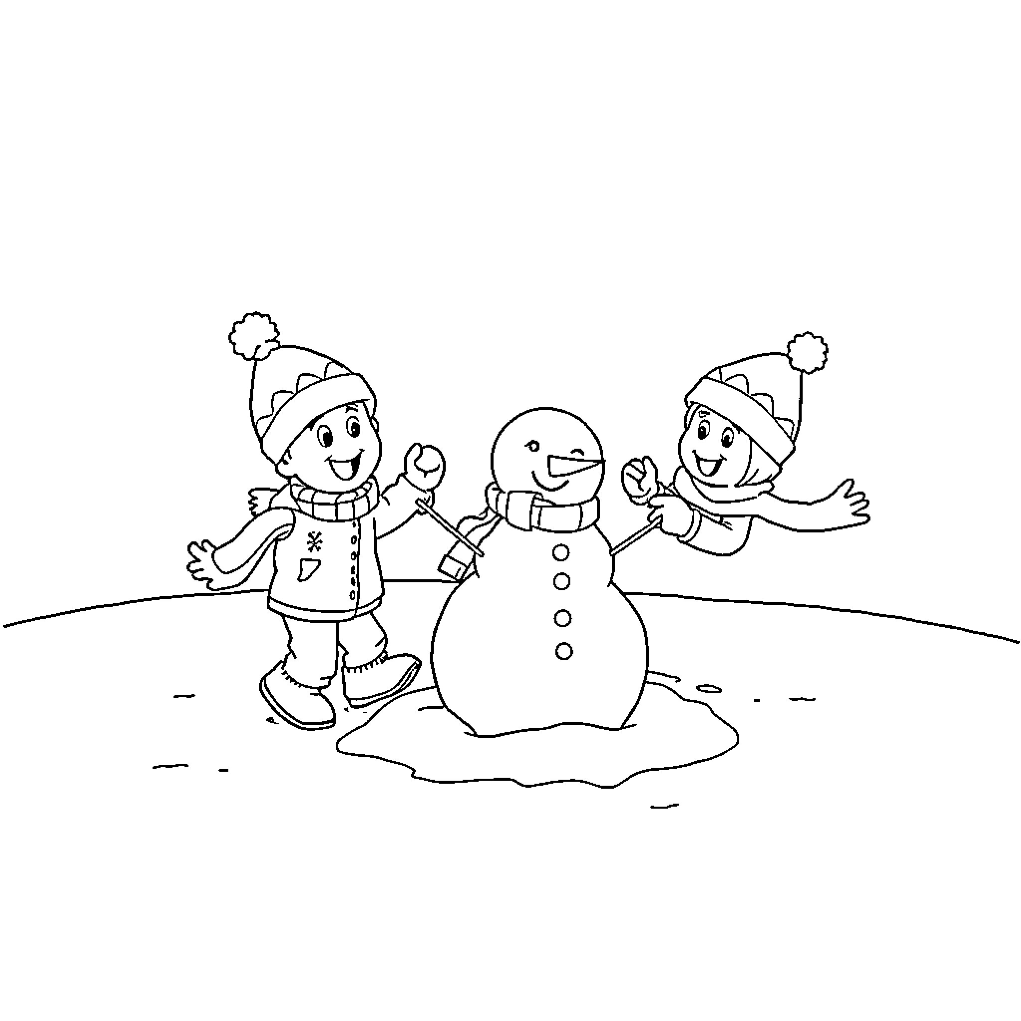 Bluey builds a snowman with friends Coloring Page (free black-and-white line drawing printable PDF for all, from beginners to advanced learners, including children, teens, adults, and seniors)