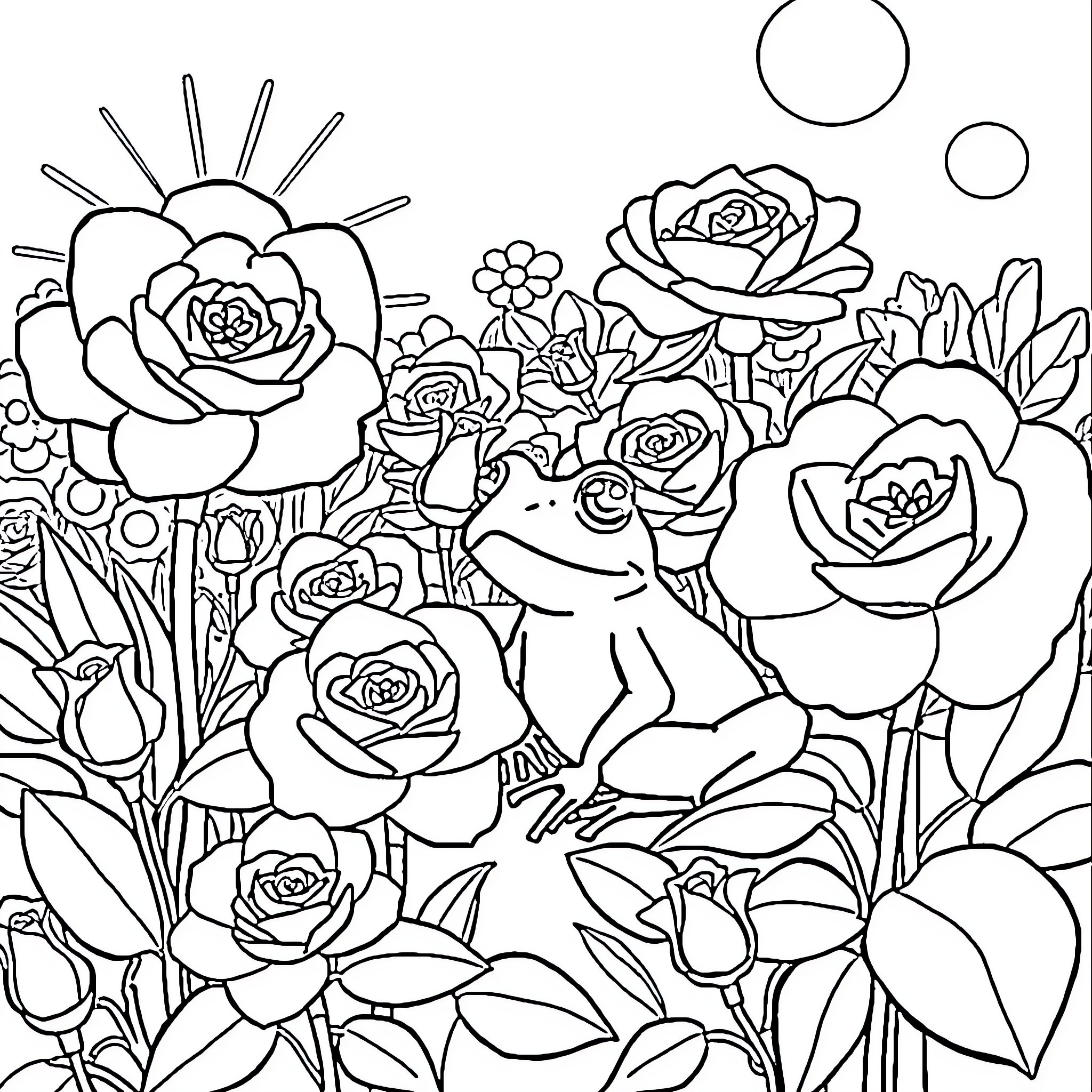 Frog relaxing amidst blooming roses Coloring Page (free black-and-white line drawing printable PDF for all, from beginners to advanced learners, including children, teens, adults, and seniors)