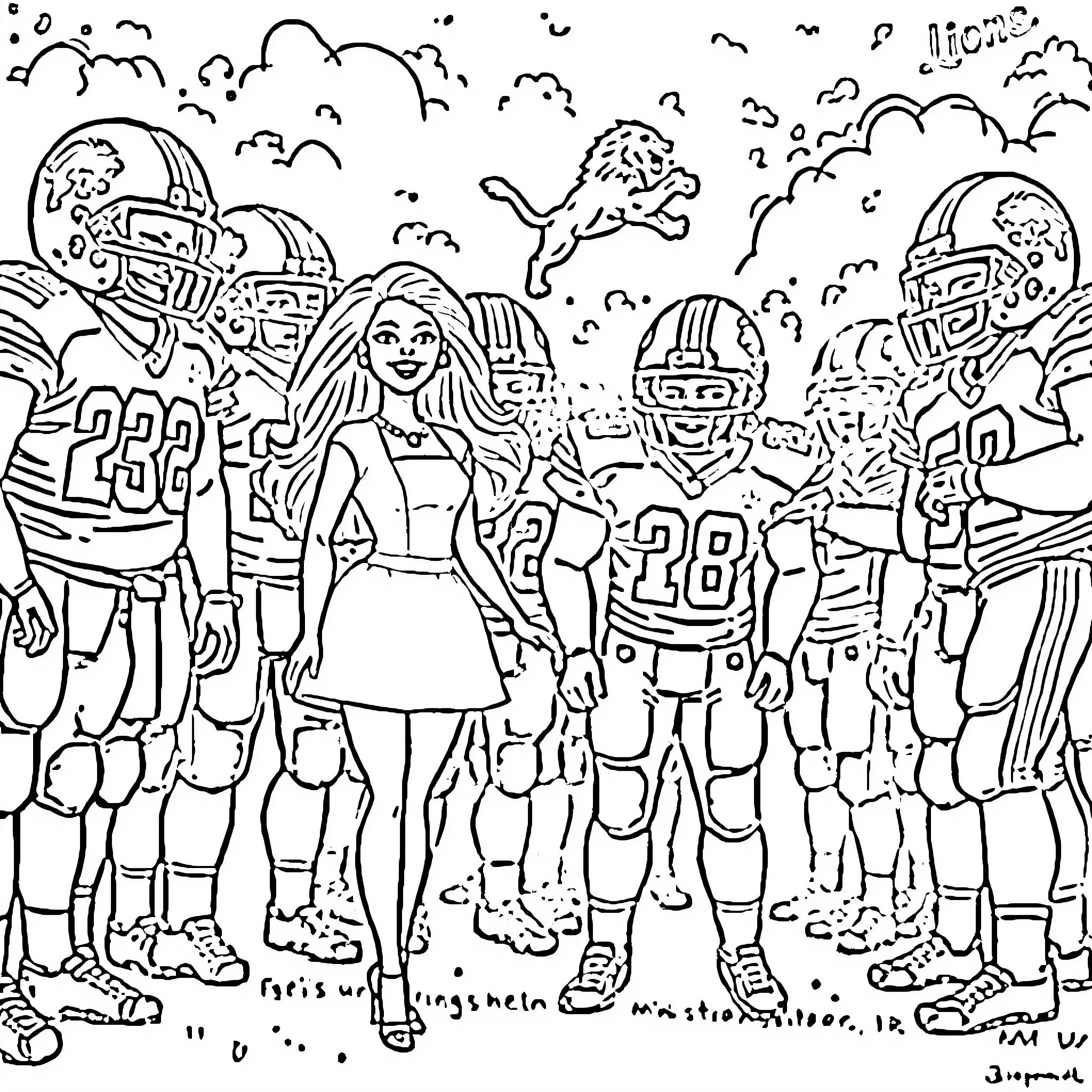 Barbie at the Football Game with Players Coloring Page (free black-and-white line drawing printable PDF for all, from beginners to advanced learners, including children, teens, adults, and seniors)
