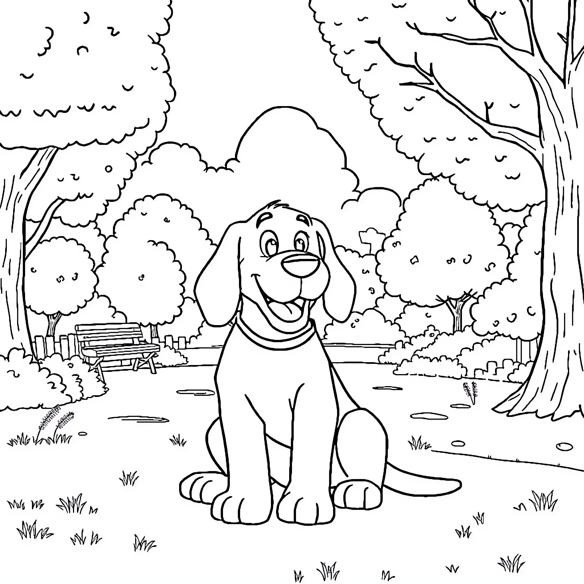 Clifford exploring the enchanted forest Coloring Page (free black-and-white line drawing printable PDF for all, from beginners to advanced learners, including children, teens, adults, and seniors)