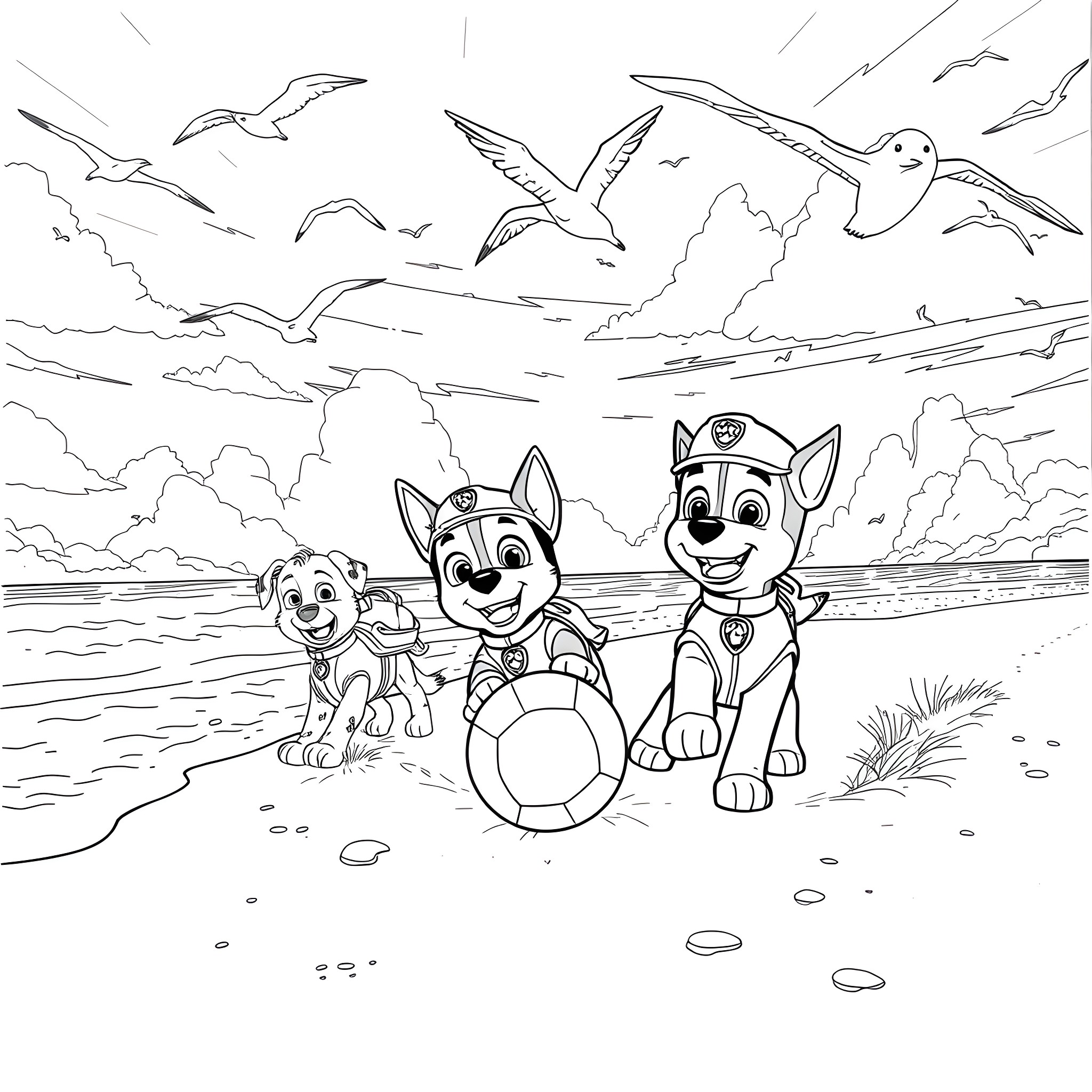 Paw Patrol Pups Playing on the Beach Coloring Page (free black-and-white line drawing printable PDF for all, from beginners to advanced learners, including children, teens, adults, and seniors)
