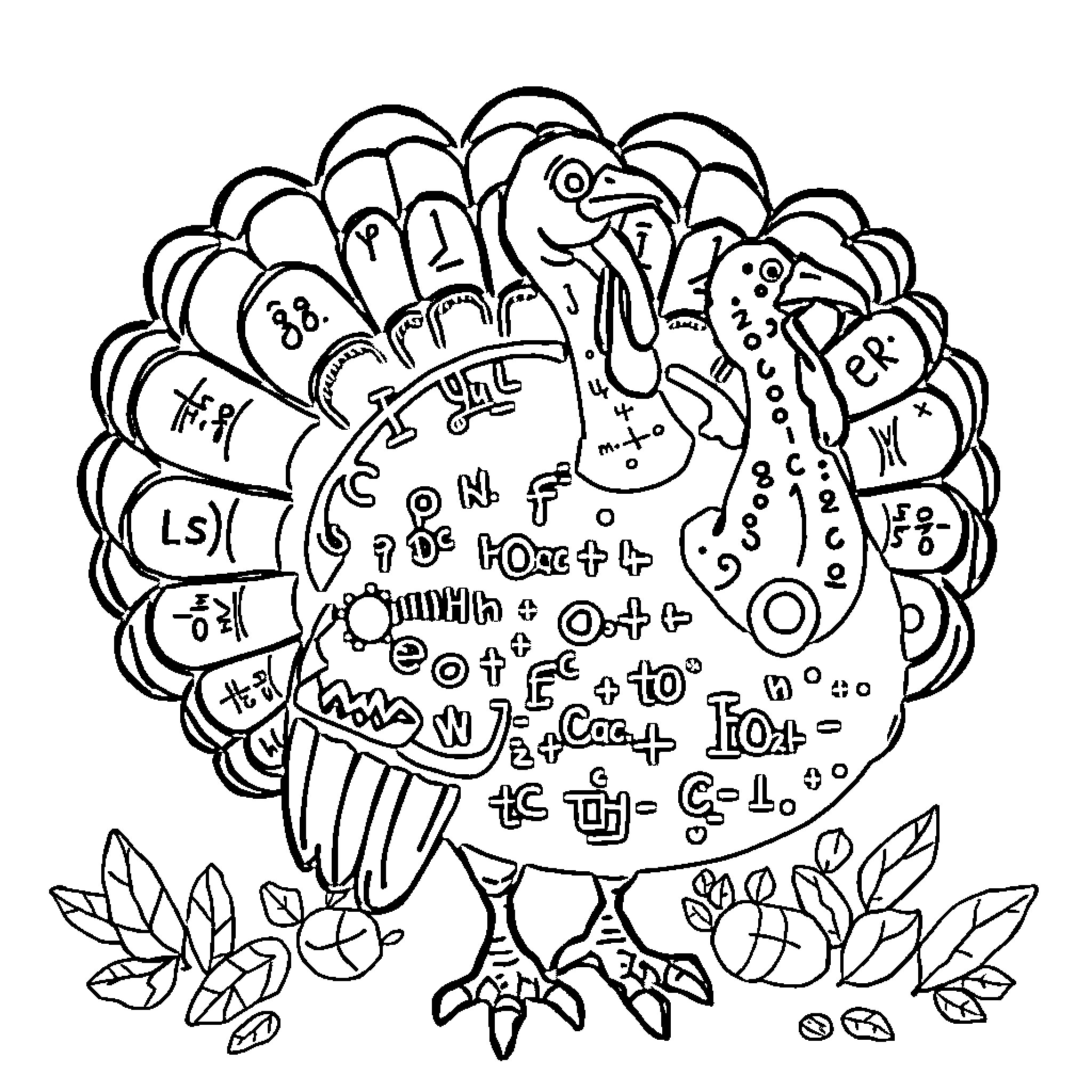 Turkey with intricate mathematical symbols and shapes Coloring Page (free black-and-white line drawing printable PDF for all, from beginners to advanced learners, including children, teens, adults, and seniors)
