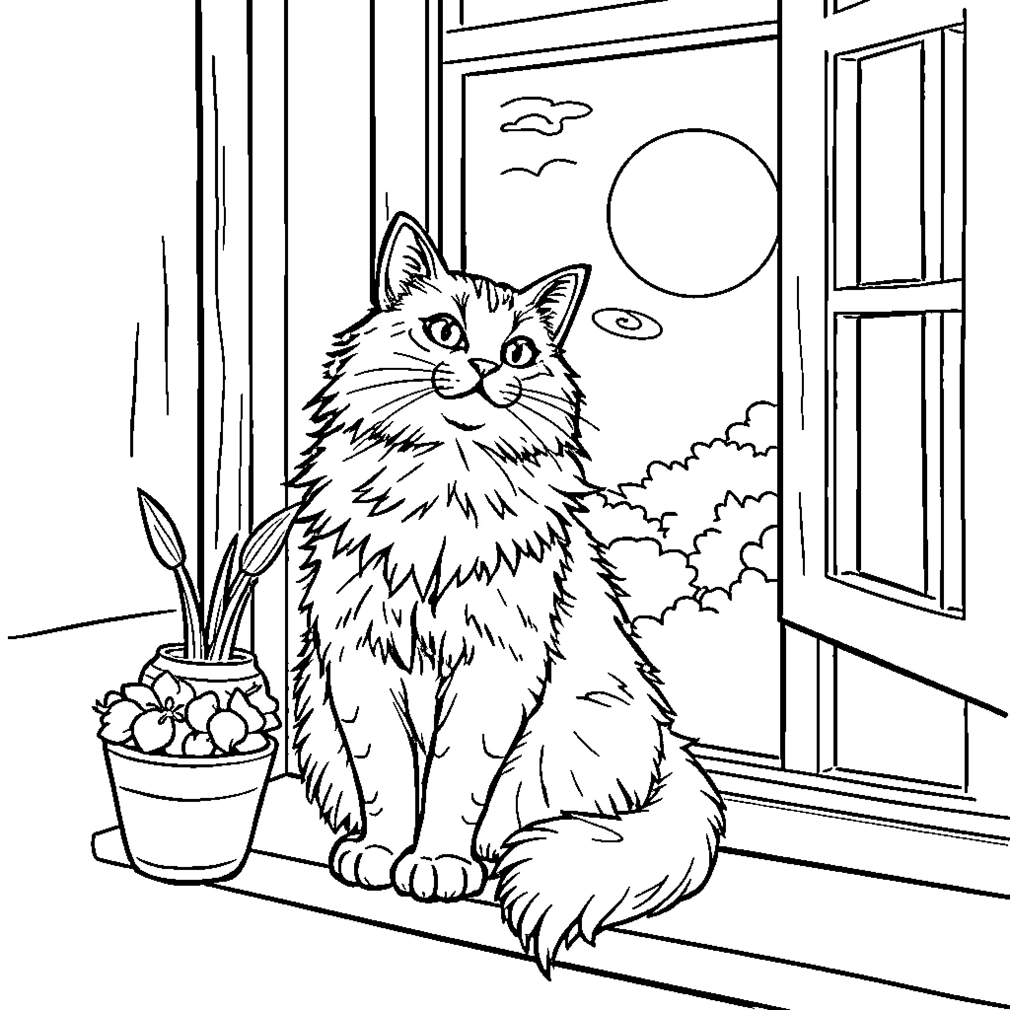 Cat gazing out the window at the sunny day Coloring Page (free black-and-white line drawing printable PDF for all, from beginners to advanced learners, including children, teens, adults, and seniors)
