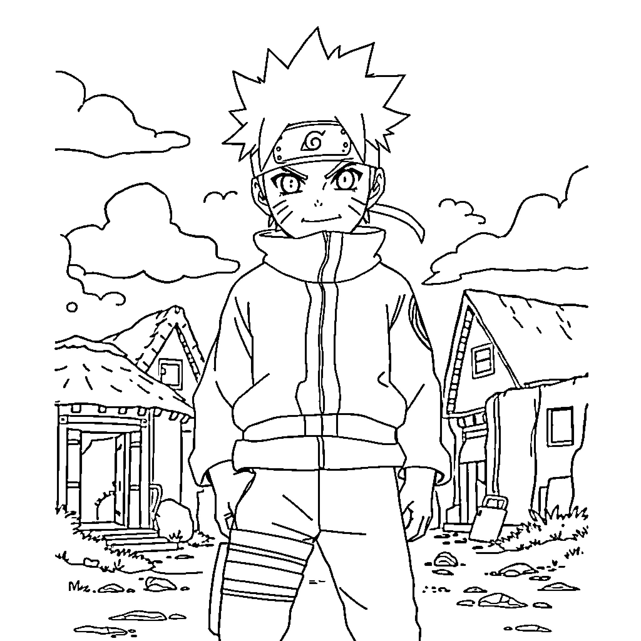 Naruto exploring the village in a focused expression Coloring Page (free black-and-white line drawing printable PDF for all, from beginners to advanced learners, including children, teens, adults, and seniors)