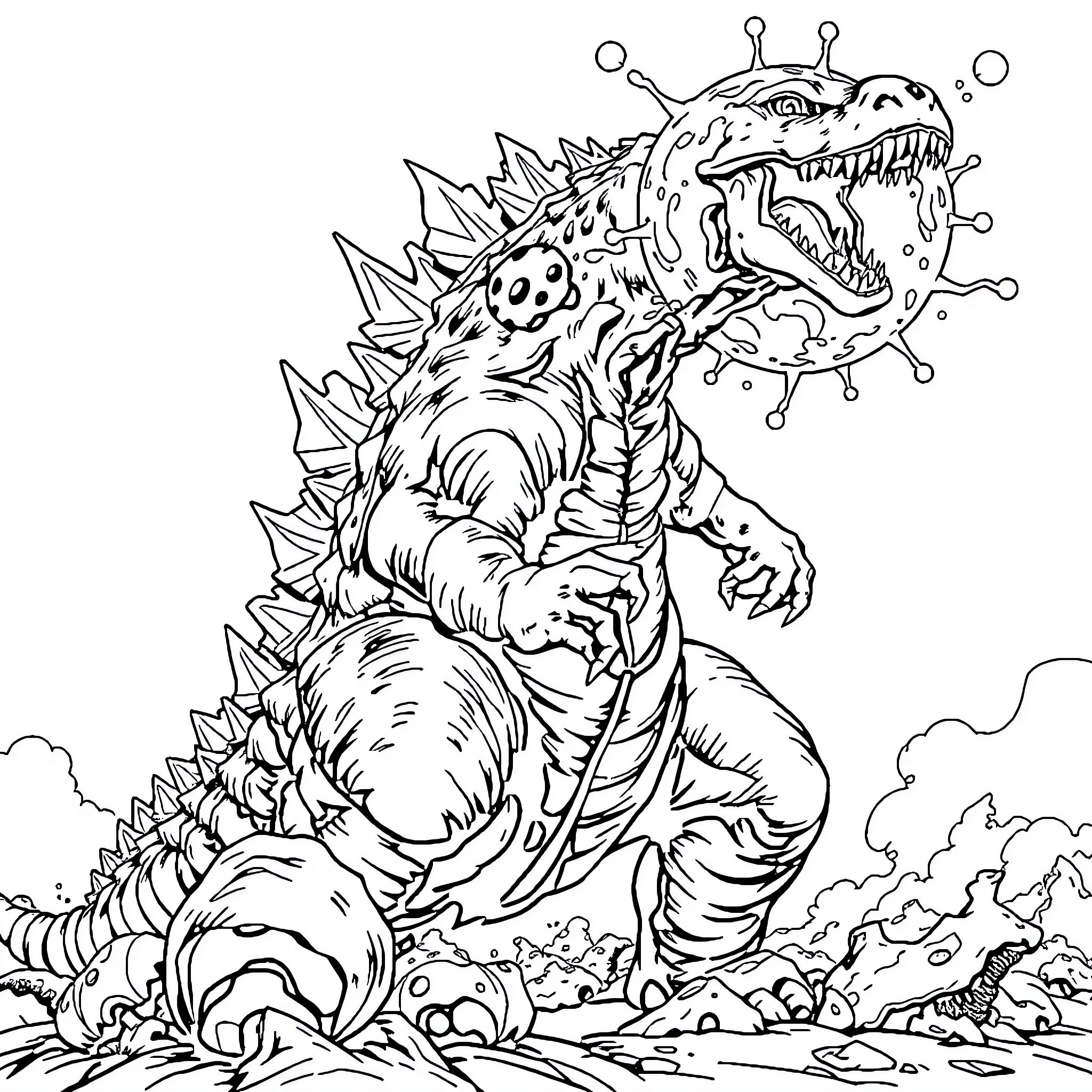 Godzilla's Destructive Rampage Through the City Coloring Page (free black-and-white line drawing printable PDF for all, from beginners to advanced learners, including children, teens, adults, and seniors)