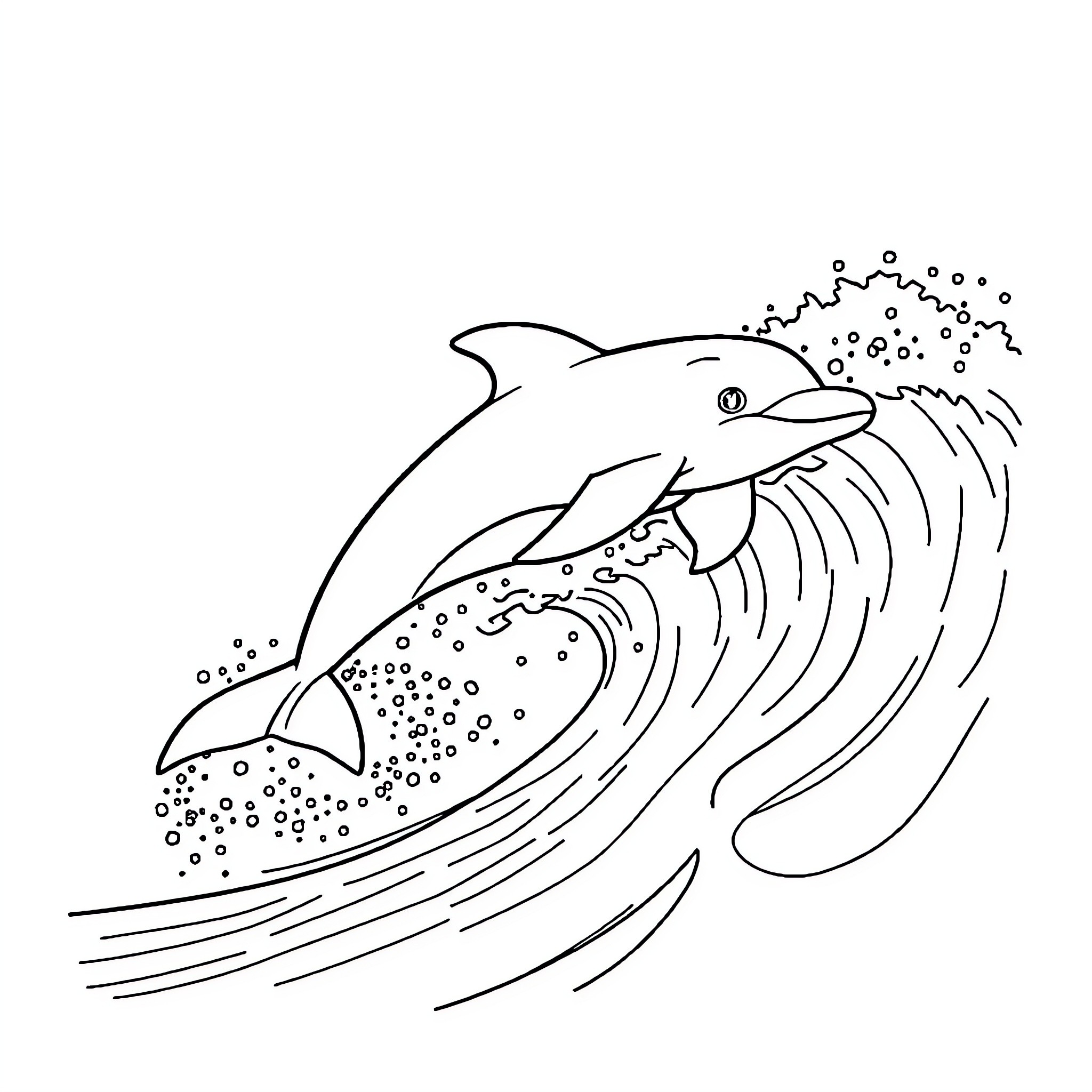 Dolphin swimming through waves Coloring Page (free black-and-white line drawing printable PDF for all, from beginners to advanced learners, including children, teens, adults, and seniors)
