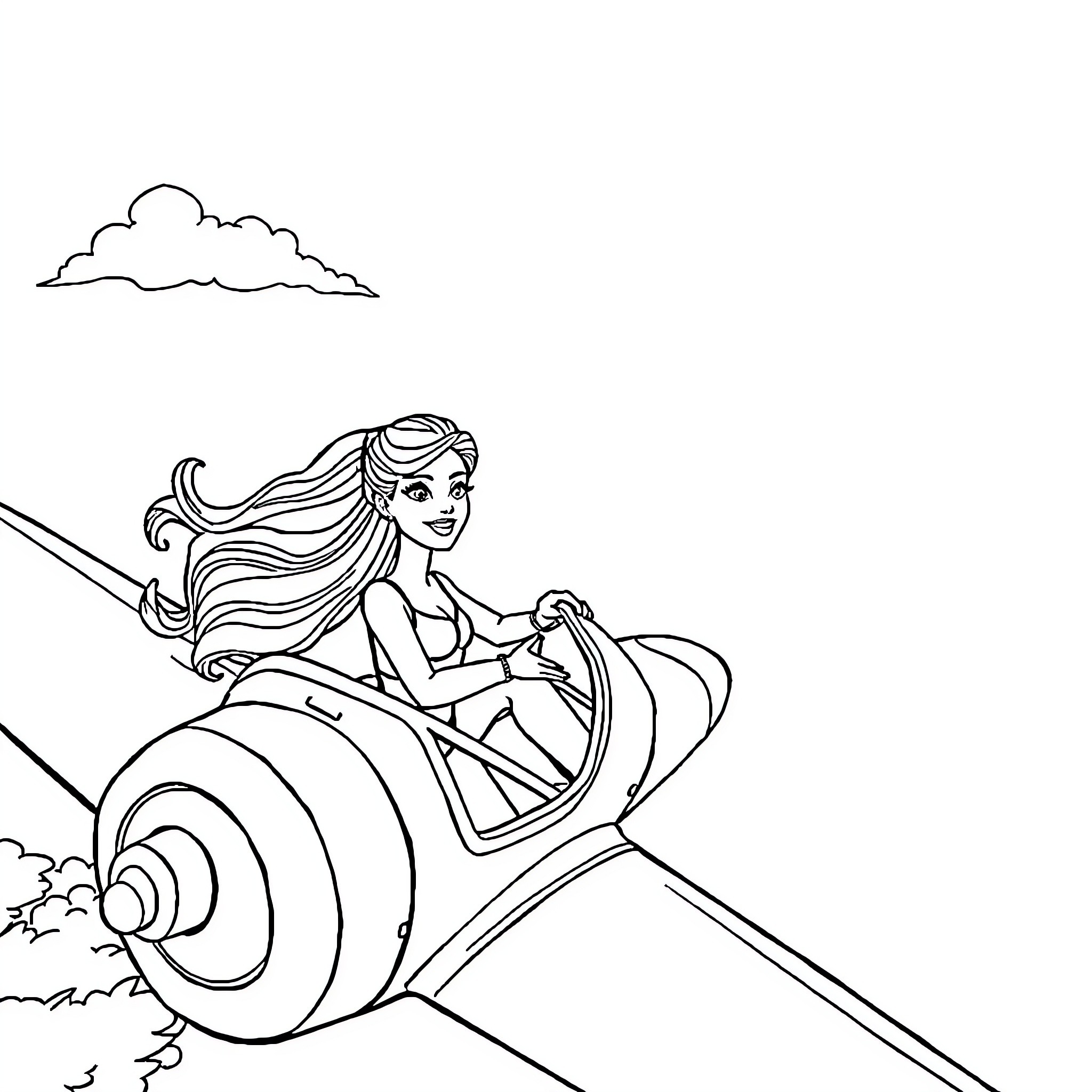 Barbie piloting a futuristic aircraft Coloring Page (free black-and-white line drawing printable PDF for all, from beginners to advanced learners, including children, teens, adults, and seniors)